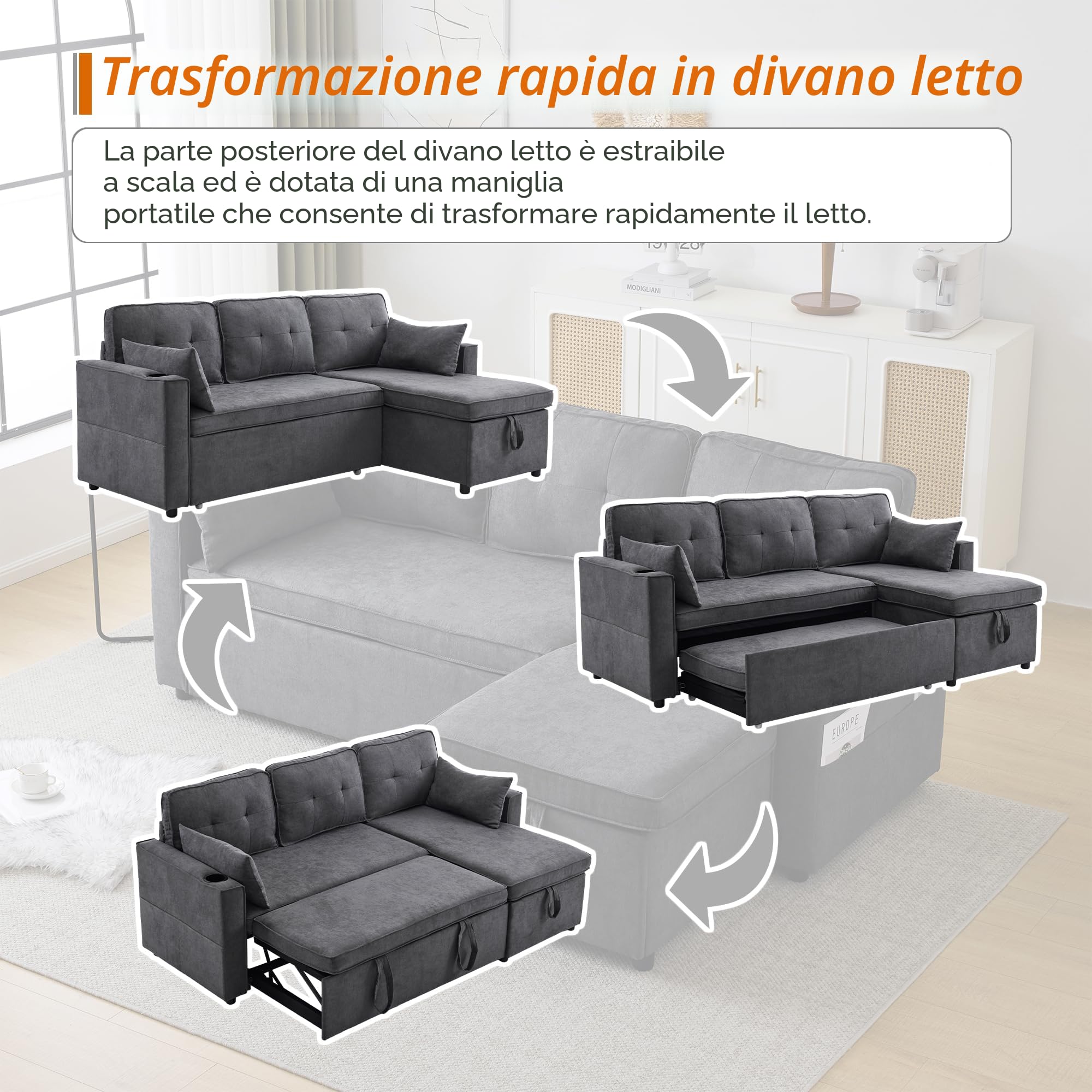 Divano letto con funzione letto, divano a L, design moderno, mobili imbottiti, divano, poltrona lounge con spazio di archiviazione, con portabicchieri, divano letto per soggiorno, intercambiabile a