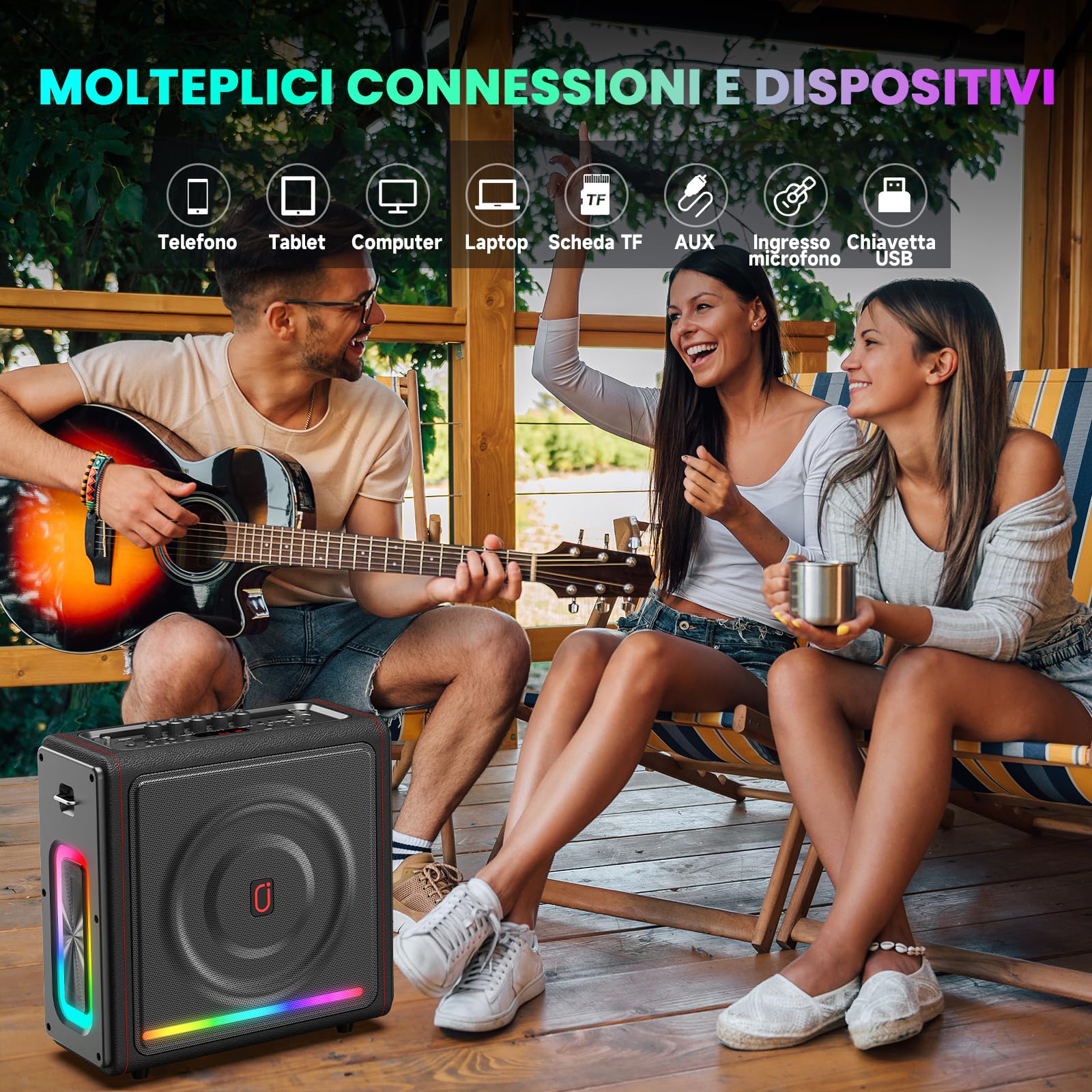 HWWR Karaoke con 2 Microfono Wireless Kit con LED, 300W Cassa Bluetooth 5.3, 36 ore, Sistema PA per Adulti Bambini Supporto TF/USB/FM/Registrazione/AUX/TWS, Canta Tu Karaoke 2026