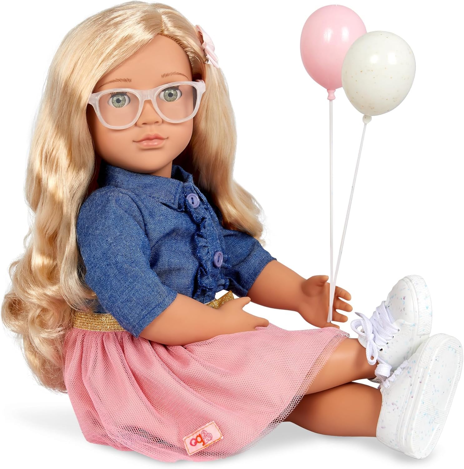Our Generation - Emily - Bambola posabile da 46 cm - Capelli biondi e occhi verdi - Torta di compleanno e accessori per feste - Gioco di finzione - Giocattolo per bambini dai 3 anni in su