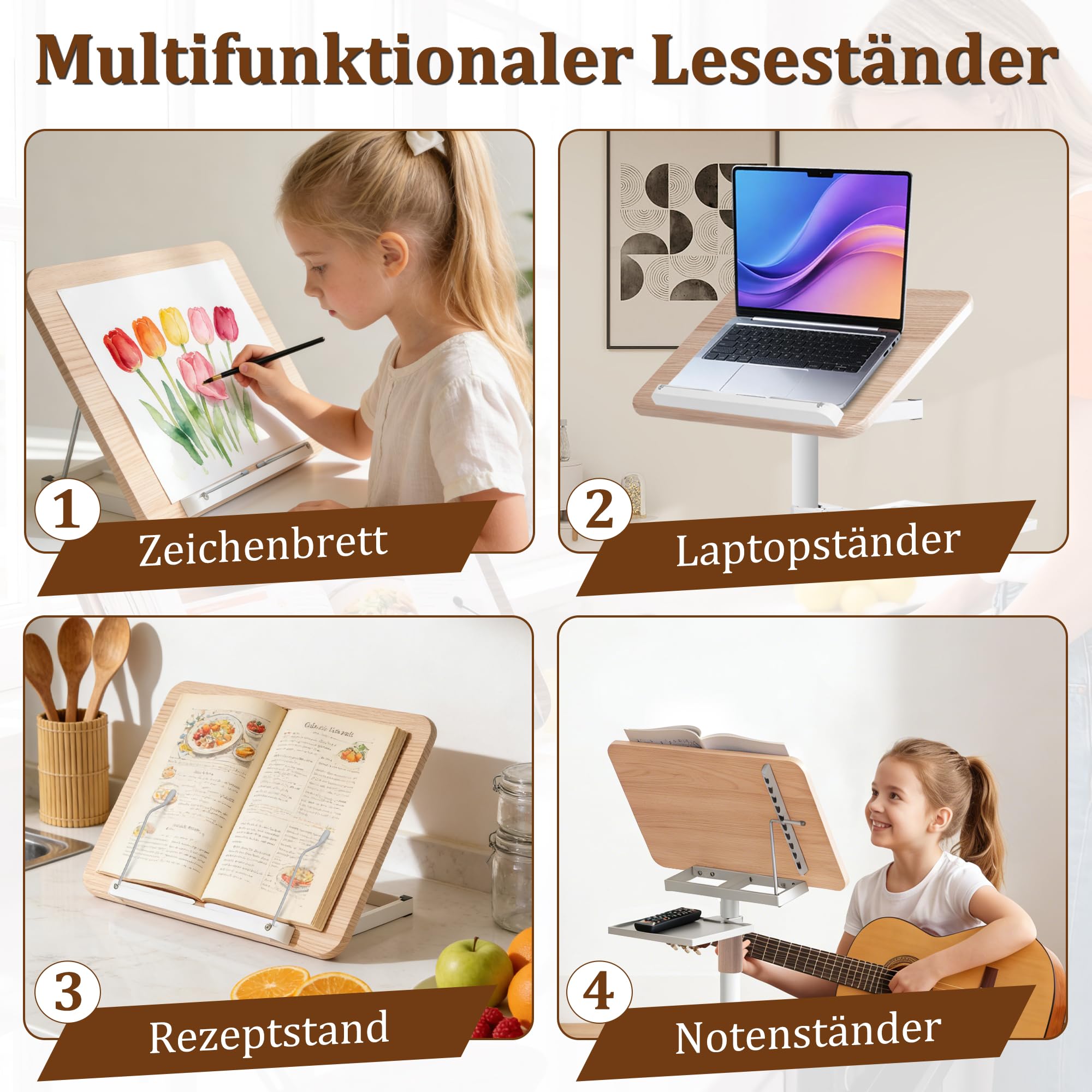 2 in 1 Verstellbarer Buchständer, Höhenverstellbar 50-130cm, Weiß | Dual-Use Boden & Schreibtisch-Buchhalter, Holz-Kochbuchhalter mit Seitenclips, für Musikblatt, Rezept, Laptop