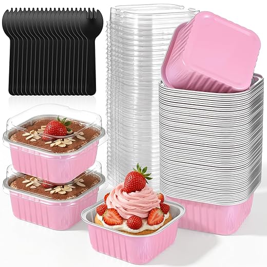 60 Pack 5oz Mini Cake Pans with Lids Aluminum Foil Square Baking Cups 3.5x3.5 Inch Disposable Large Baking Cake Cup Containers with Spoons for Party-Champagne Individual Cakes, Pink