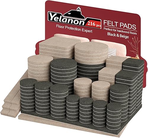 Yelanon Almohadillas de fieltro para muebles de madera dura, 216 almohadillas de fieltro prémium para patas de silla, protectores de suelo para