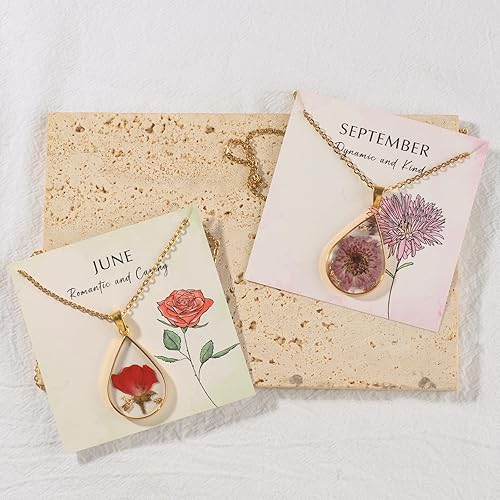 Miniatura 5 de MOLUONAQI Collar de flores prensadas de oro hecho a mano Collar de flores del mes de nacimiento para mujer Collar de flores silvestres, collares
