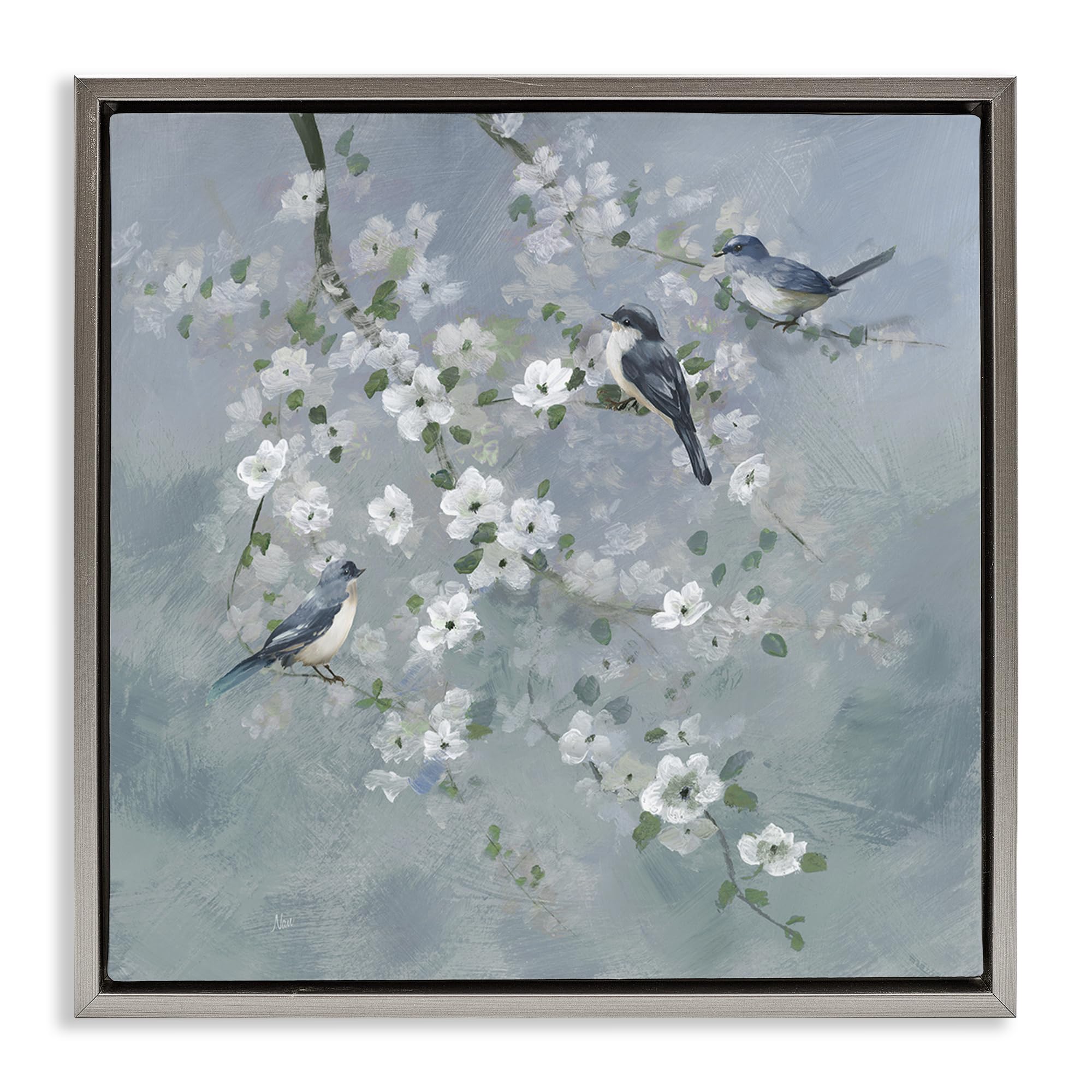 Stupell Industries Luster Gray (Matte) 'Serene Birds On White Blooms', Floating Frame Canvas Art, Gray, 18 X 18 Inches, Easy To Hang And Sturdy, Made In Usa, By Nan