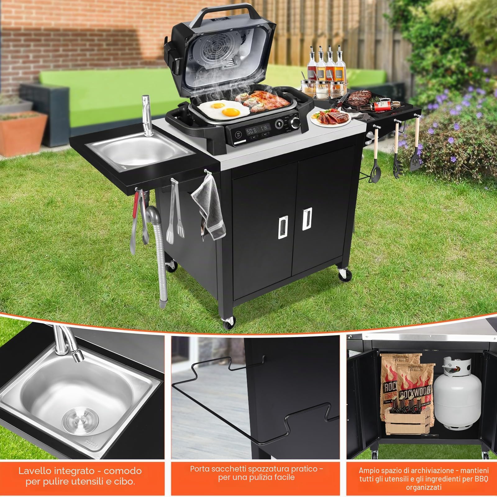 GFTIME Carrello per barbecue, cucina all'aperto, tavolo per pizza mobile, in acciaio inox, con ruote, 154 x 63 x 89 cm