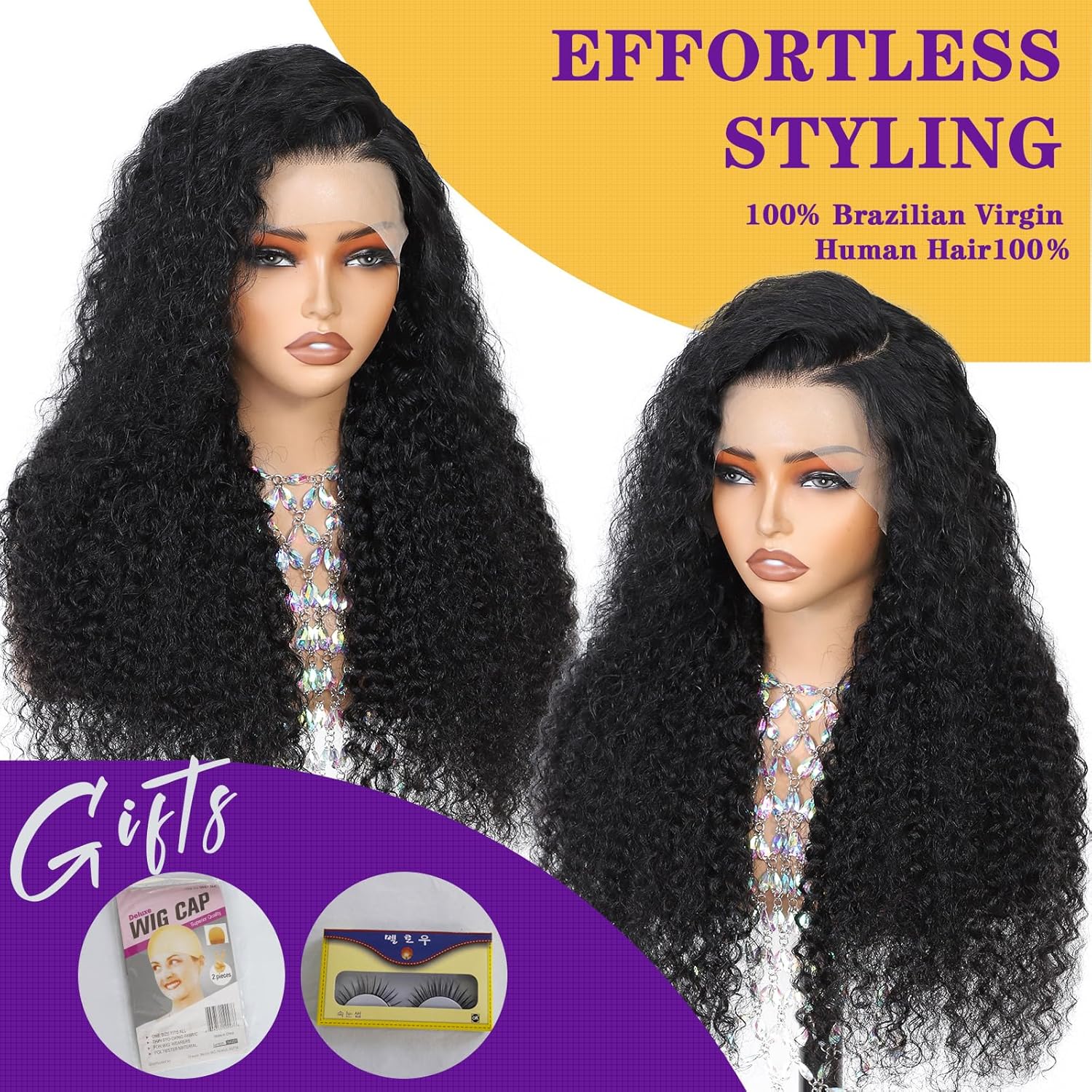 26inch 13x6 HD Deep Wave Lace Front Wigs Human Hair 200% Density Deep Curly Human Hair Wig for Women (26inch,Natural Black)