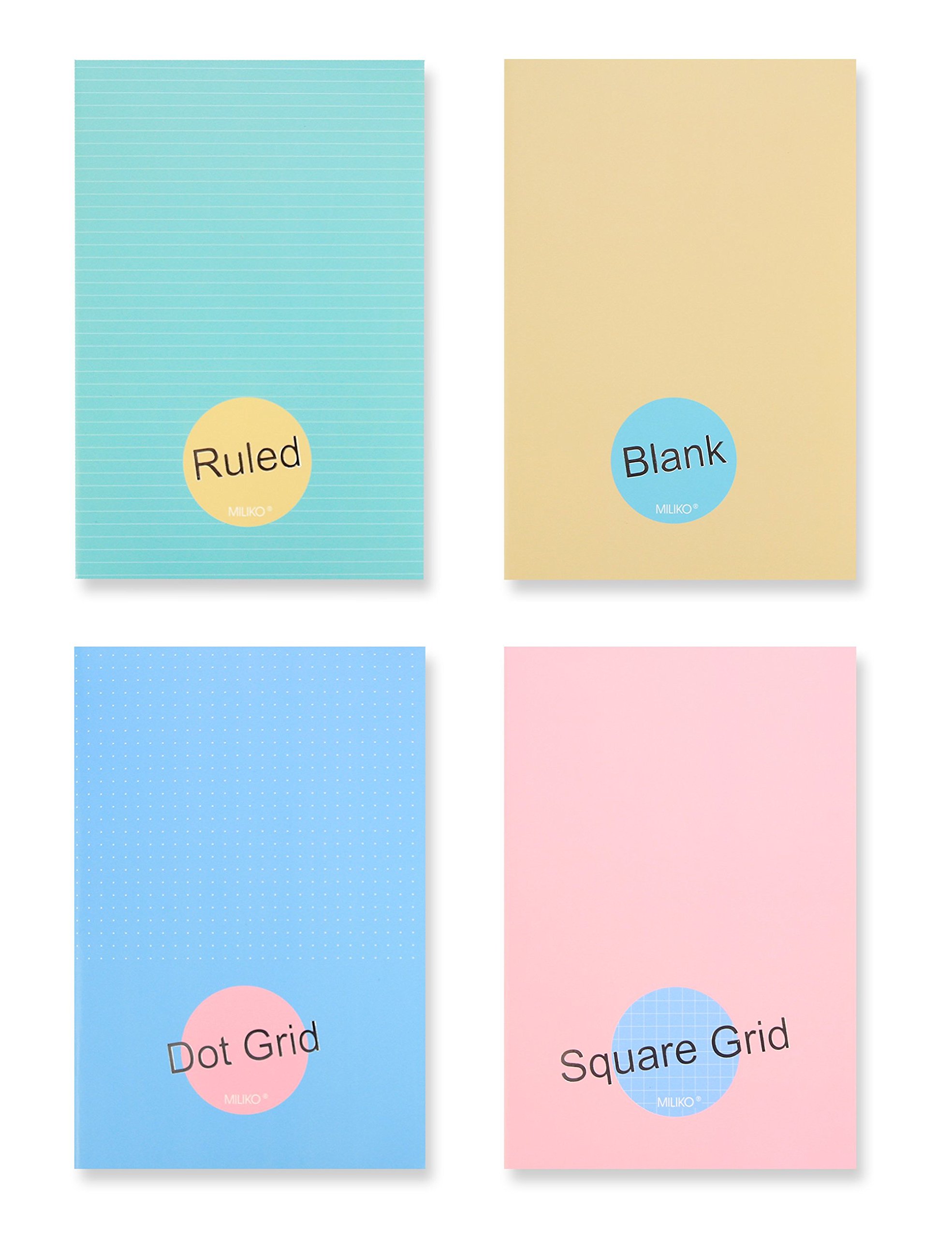 Miliko A5 Essential Series Softcover Notebook/Journal/Diary Set-4 Unique Designed Notebooks per Pack (1 Dot Grid+1 Ruled+1 Square Grid+1 Blank)