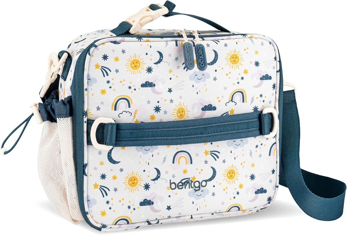 Bentgo Kids Prints Bolsa de almuerzo reutilizable con doble aislamiento | Para niños mayores de 3 años, correa ajustable; Capacidad para lonchera/botella de agua/bocadillos; Bolsillos fáciles de limpiar, resistentes al agua (Friendly Skies)