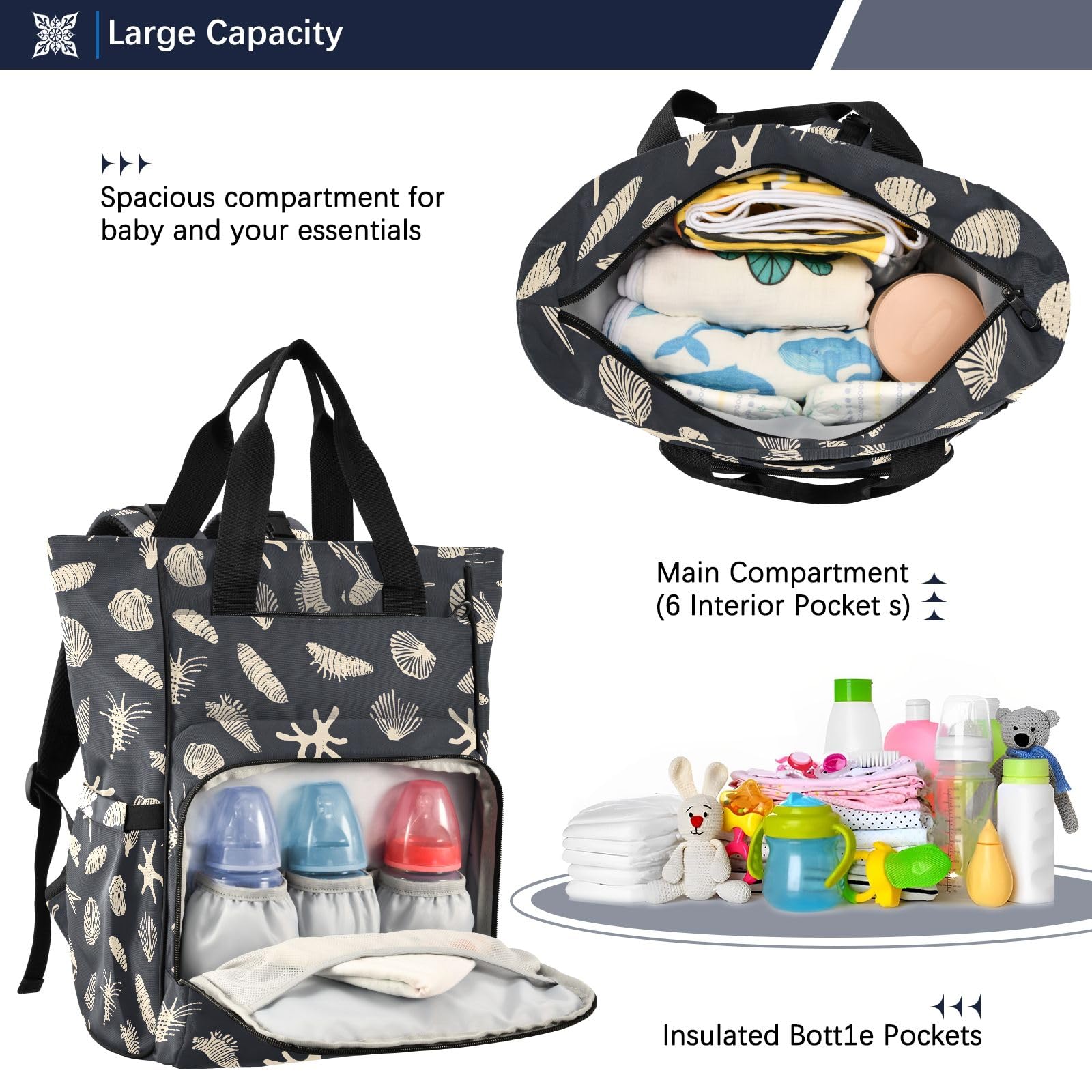 Mnsruu Black Ocean Color Art Baby Diaper Bag Zaino Grande Borsa Impermeabile Viaggio Pannolino Borse per Mamme e Papà