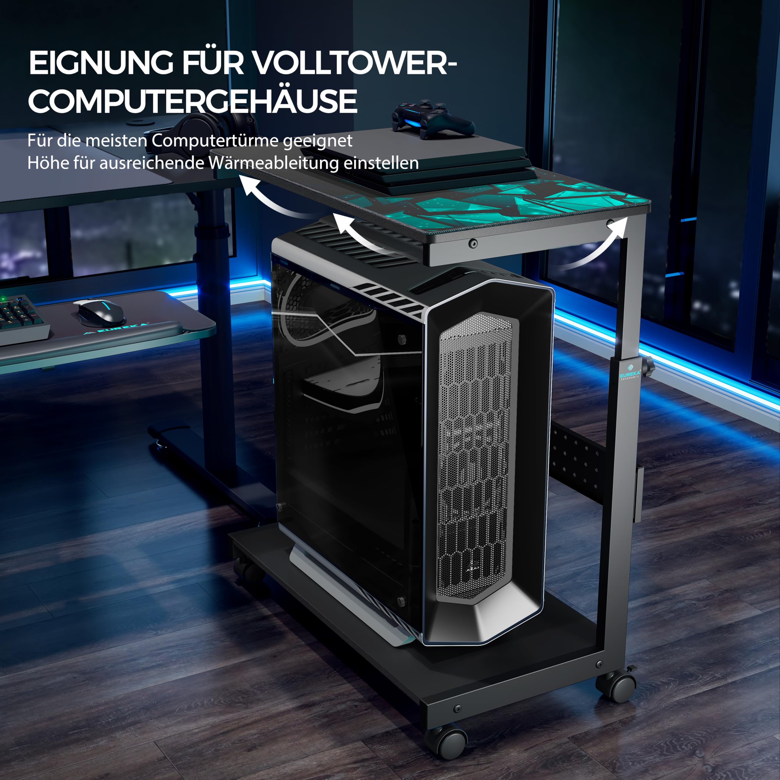 EUREKA ERGONOMIC Höhenverstellbarer Computer Tower Ständer, ATX-Gehäuse CPU Halter PC Ständer, unter Schreibtisch Drucker Cart mit Rollen und Maus Pad, Schwarz