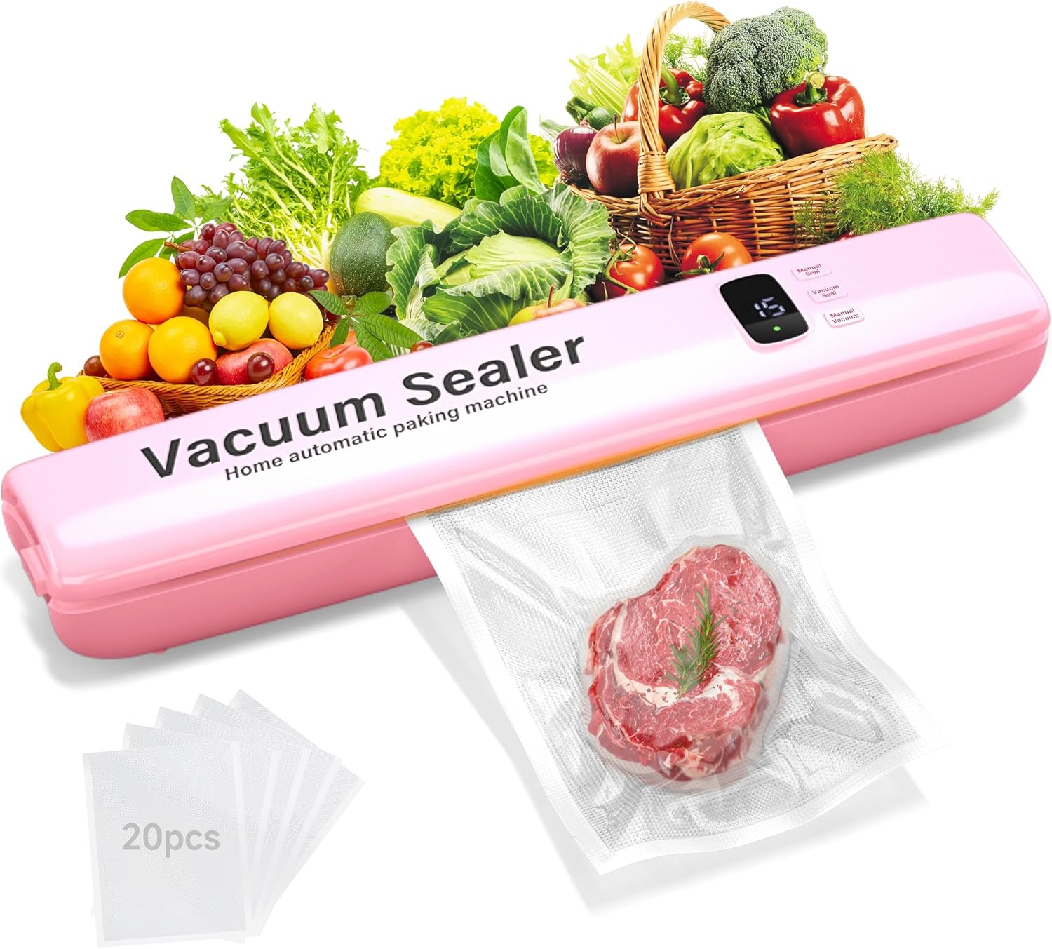 2025 Updated Vacuum Sealer Machine, 3 in 1 Automatic Vacuum Sealer for Food Storage, Multi-Functional Food Sealer with 20 Vacuum Bags (pink)