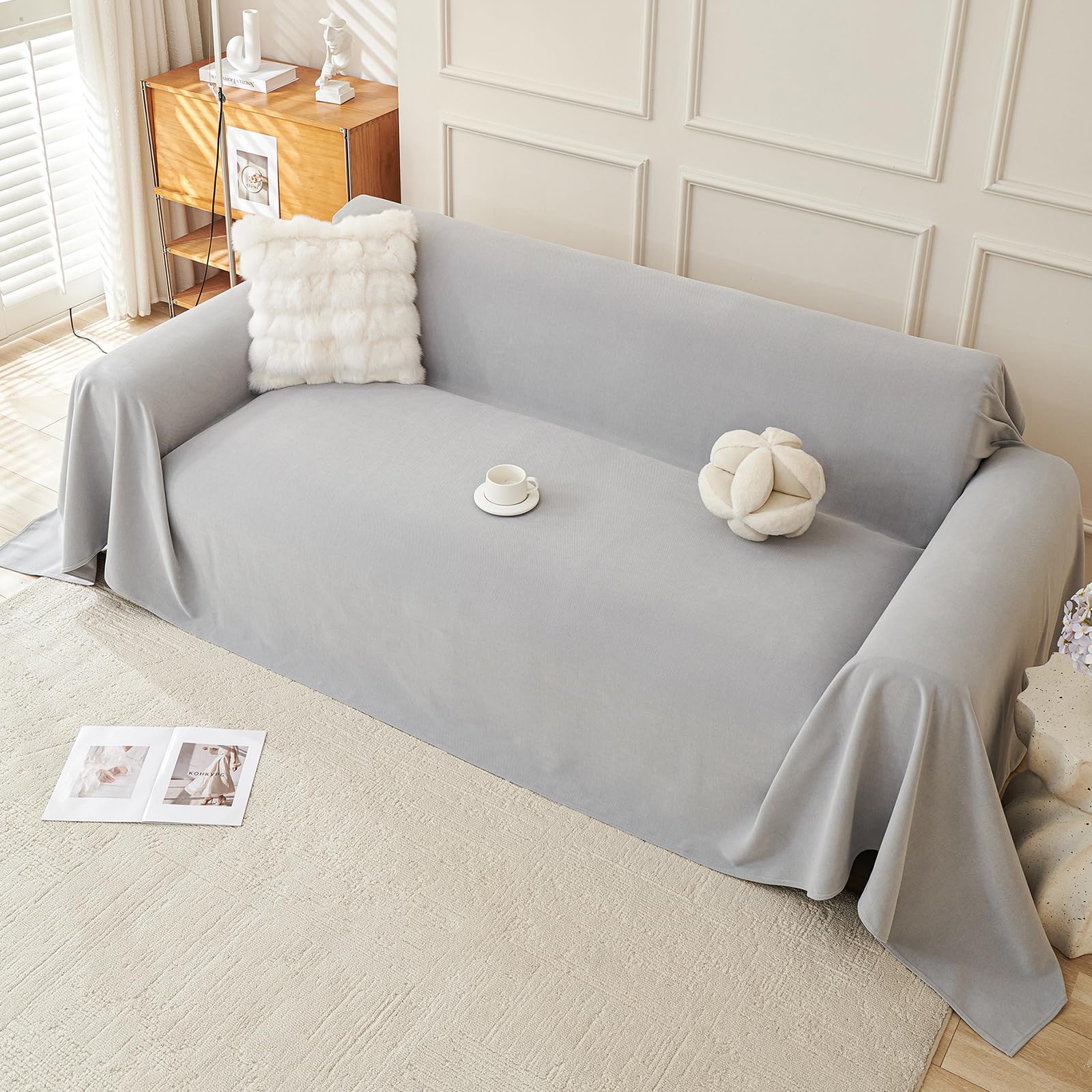 Royhom Sofa Überzug, Chenille Couch Überzug Ecksofa, Sofabezug L Form, Sofa Schutzdecke, Sofahusse mit Armlehne, Sofaüberwurf Decke Weich und Bequem, Hellgrau, 300x180 cm