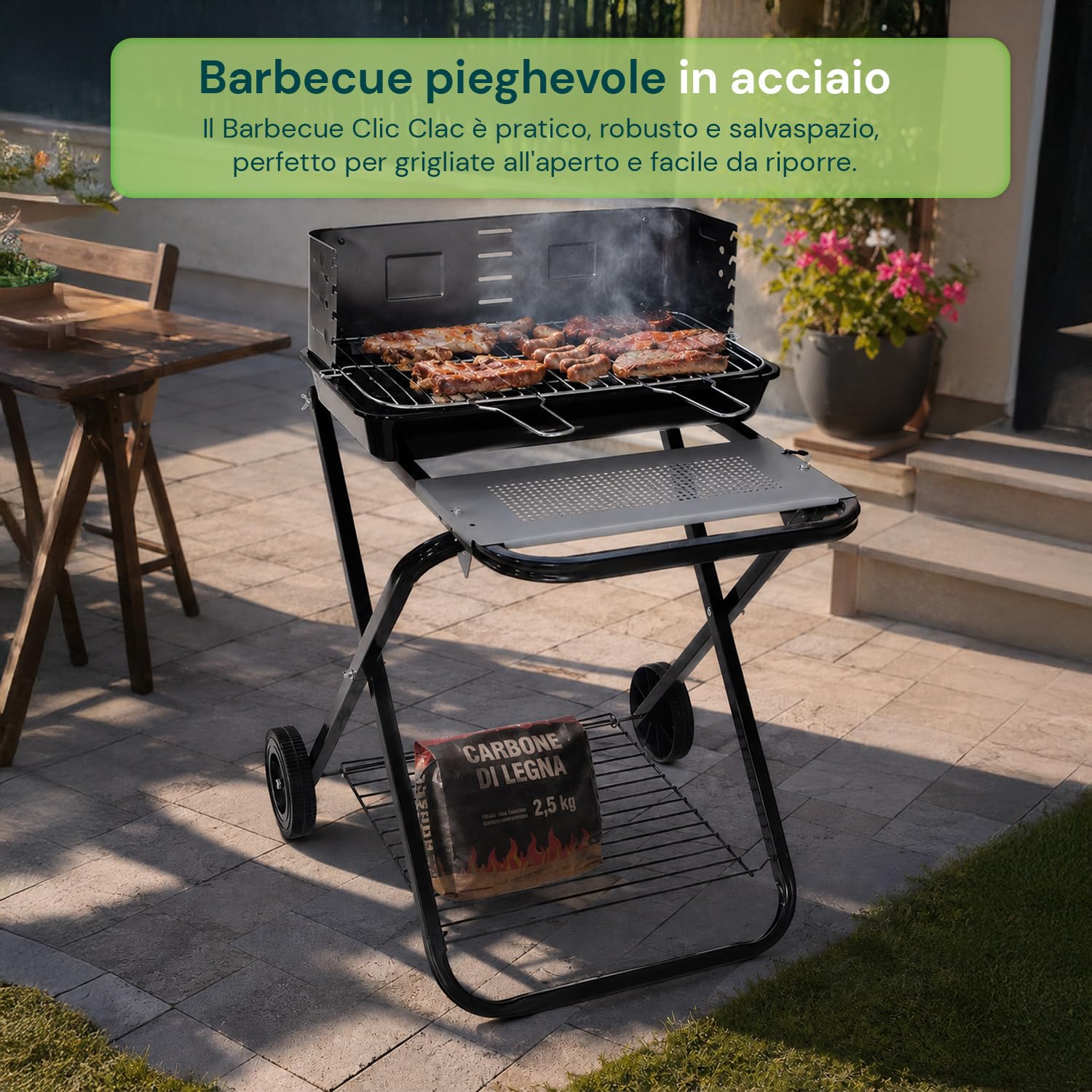 Avilia Barbecue a Carbonella Portatile Pieghevole in Acciaio - Barbecue con Griglia 54x38cm e 2 Ruote per Facile Trasporto - Barbecue Portatile per Grigliate in Giardino e Campeggio - 60x80x84cm
