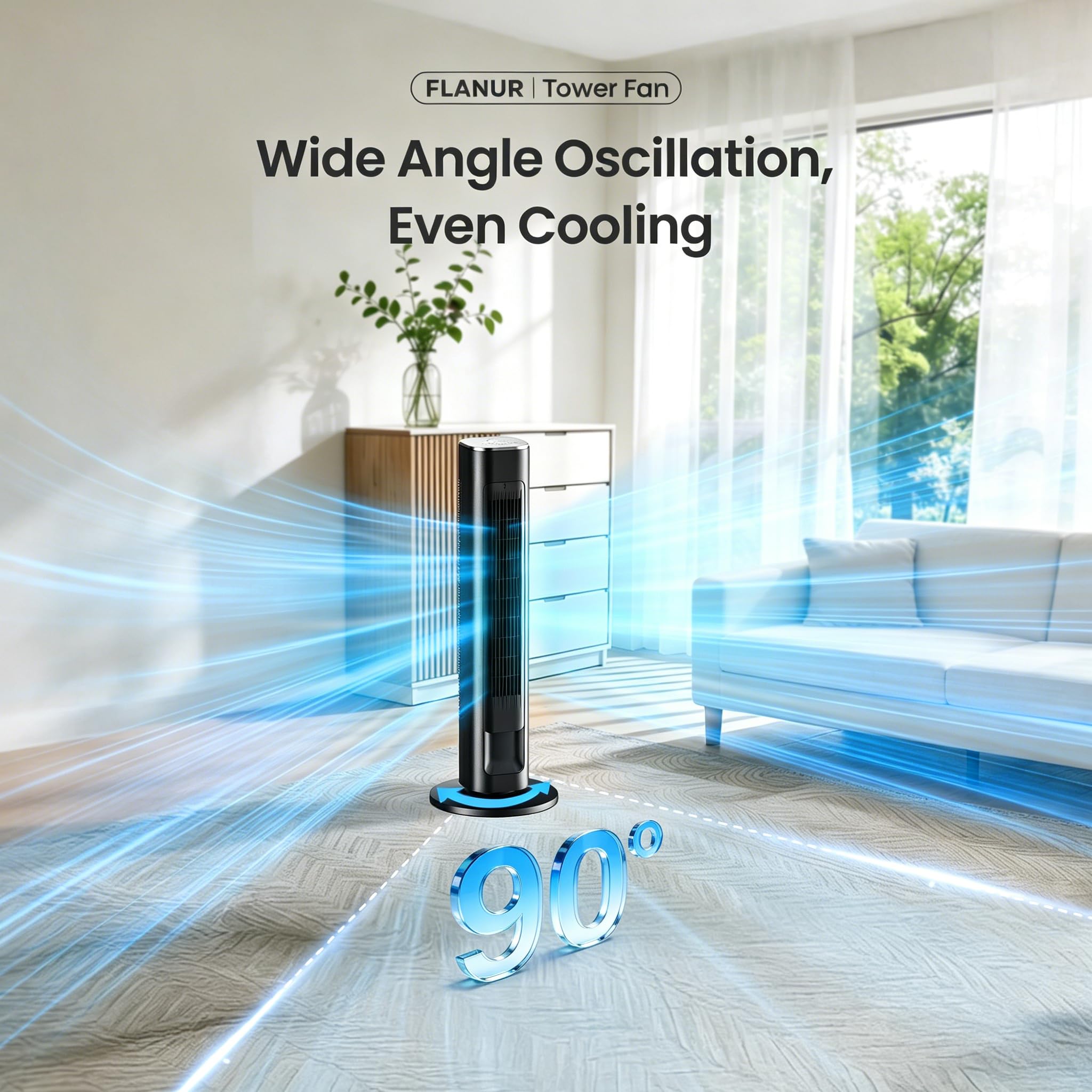 FLANUR Turmventilator Leise 25dB 91cm WiFi Alexa Tower Fan mit Fernbedienung 90° oszillierend 4 Geschwindigkeiten 12Std Timer Schwarz