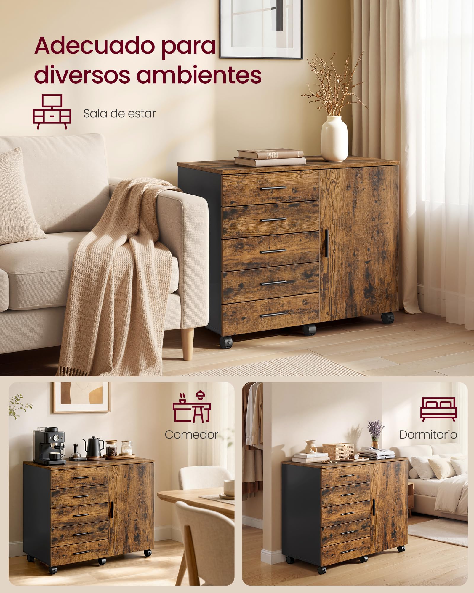 VASAGLE Archivador Móvil con 5 Cajones, 2 Estantes con Puerta, Cajonera, Soporte para Impresora, con Guías Deslizantes sin Tornillos, para Oficina, Casa, Marrón Rústico OFC092KD02