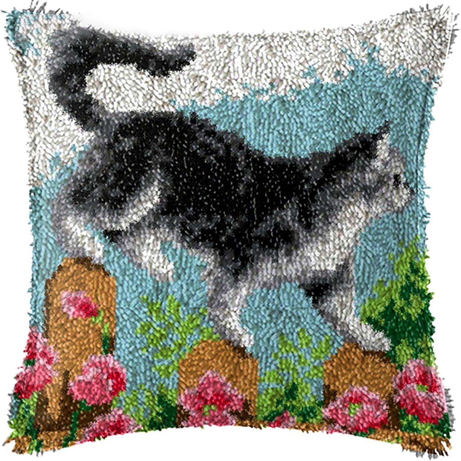 Zfflyh Flower Cat Latch Hook Kits, Latch Hook Kit For Adult Beginner Diy Crochet Yarn Kits For Throw Pillow Cover Sofa Car Cushion Cover 43X43cm,