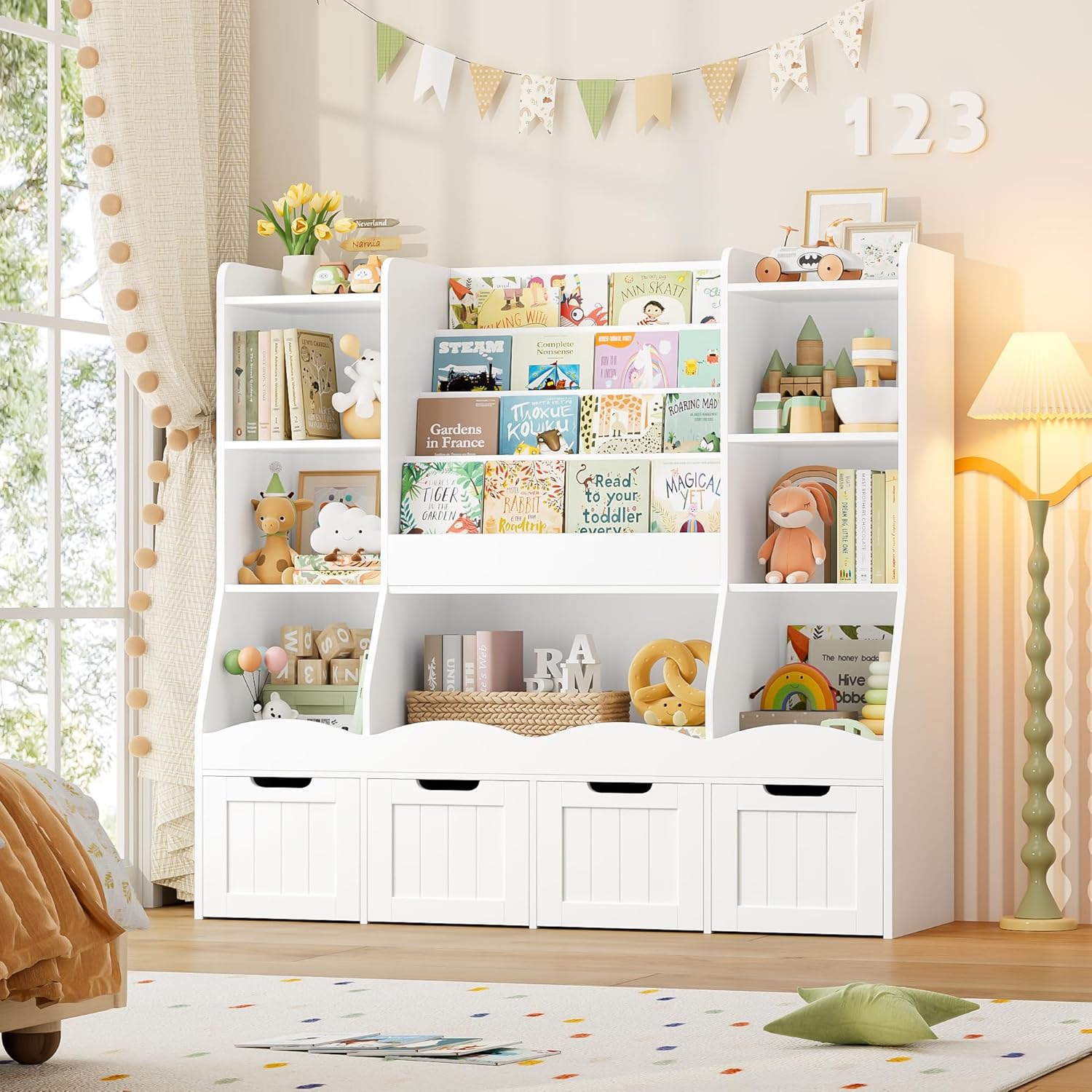 FINETONES Kids Bookshelf and Toy Storage with 4 Movable Drawers, Large Toy Organizers and Storage with 7 Storage Cubbies, Book Shelf for Kids Room Playroom Storage for Living Room, White