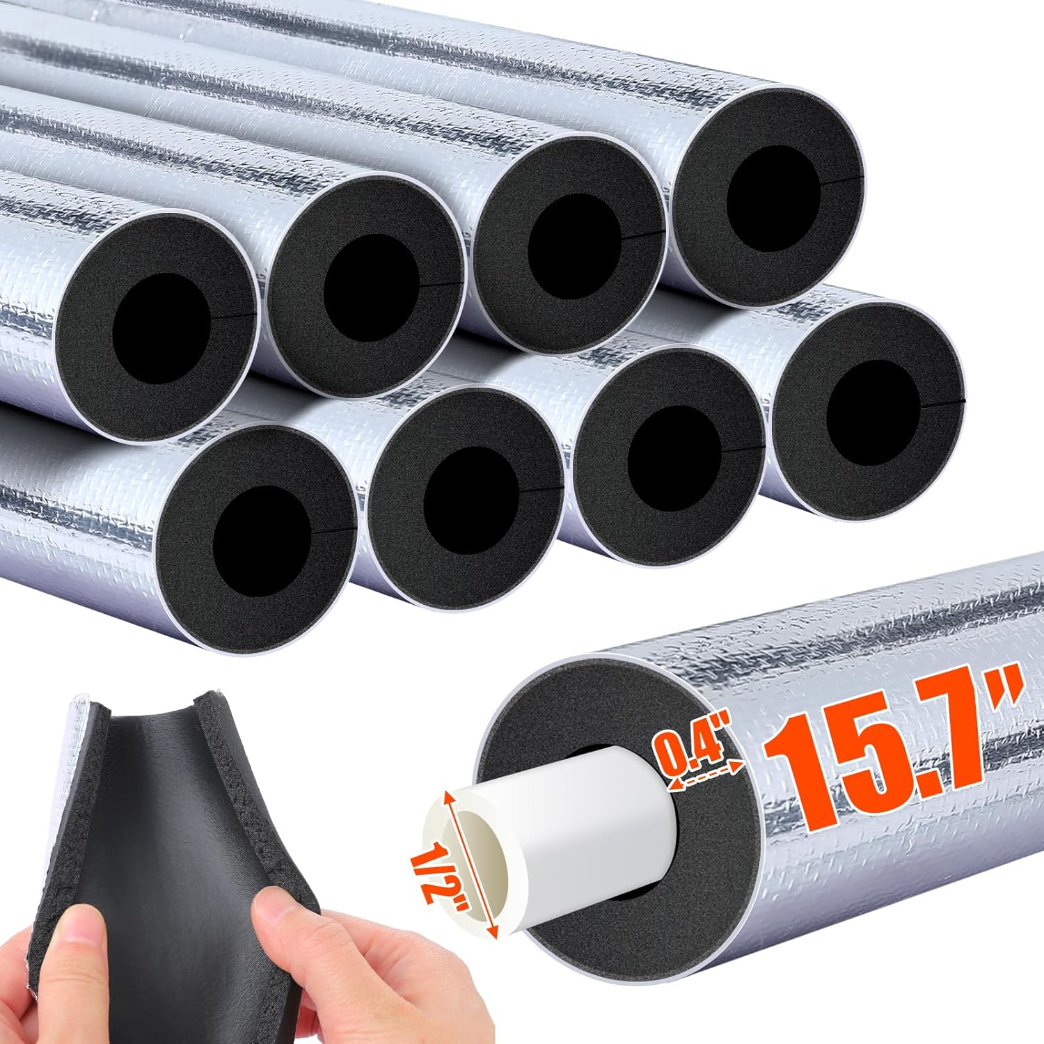 PAMASE 10.5ft Neoprene Pipe Insulation for 1/2" Pipes - Pre-Slit Foam Tube with Aluminum Foil, Waterproof Antifreeze Protection, Easy Install