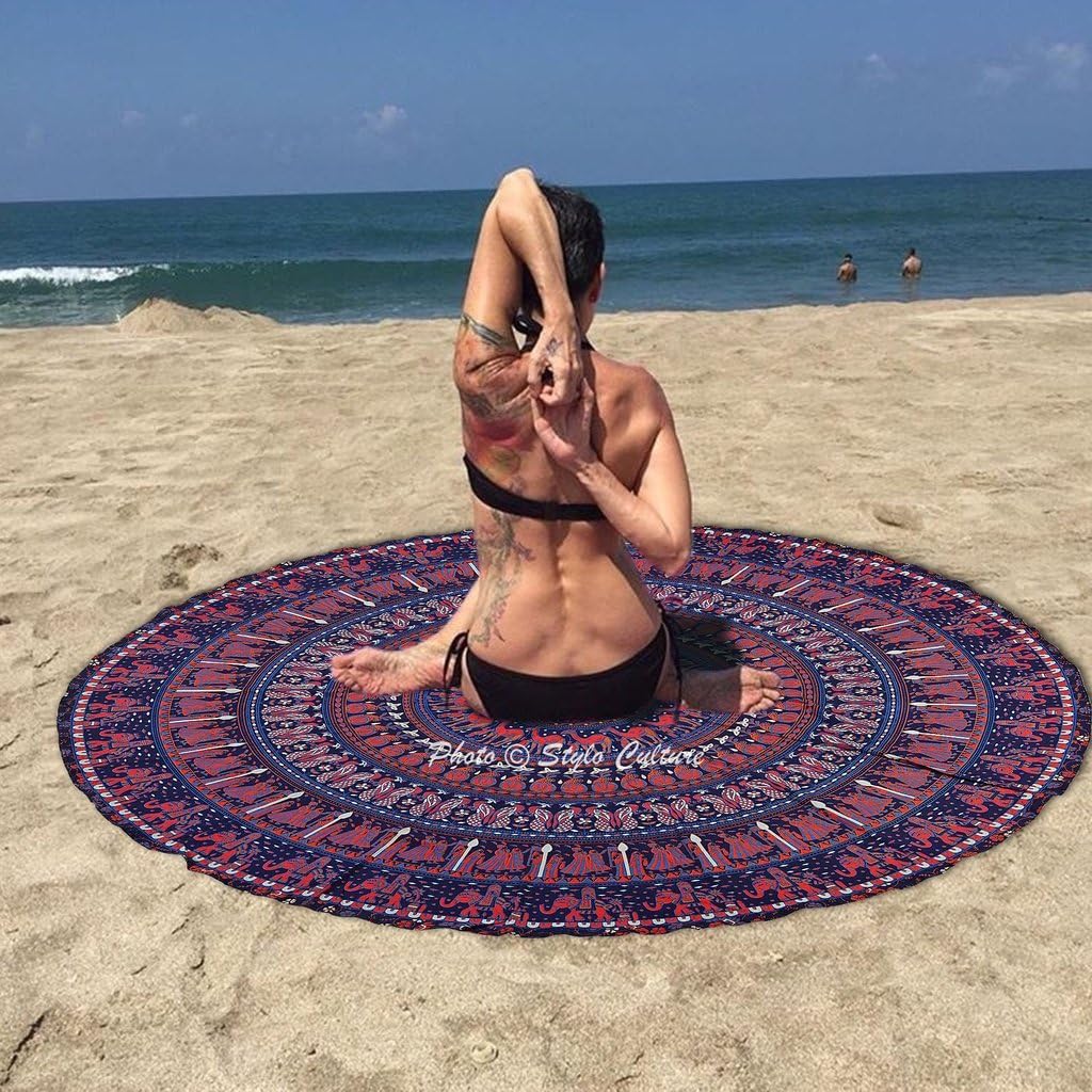 Mandala Round Tablecloth Roundie Blue Printed Yoga Picnic Rug Meditation Beach Mat Cotton Elephant 72 Inches Mandala Throw