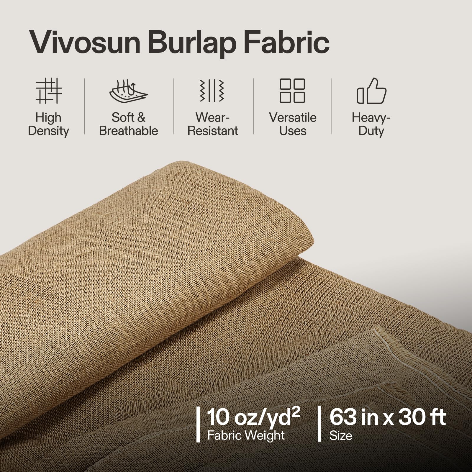 VIVOSUN 63 in x 30 ft Premium Burlap Fabric, 10 oz Heavy Duty High Density Natural Jute Fiber, Multipurpose Burlap for Gardening, Outdoor Plant Care, Weed Barrier, DIY Crafts, and Decoration