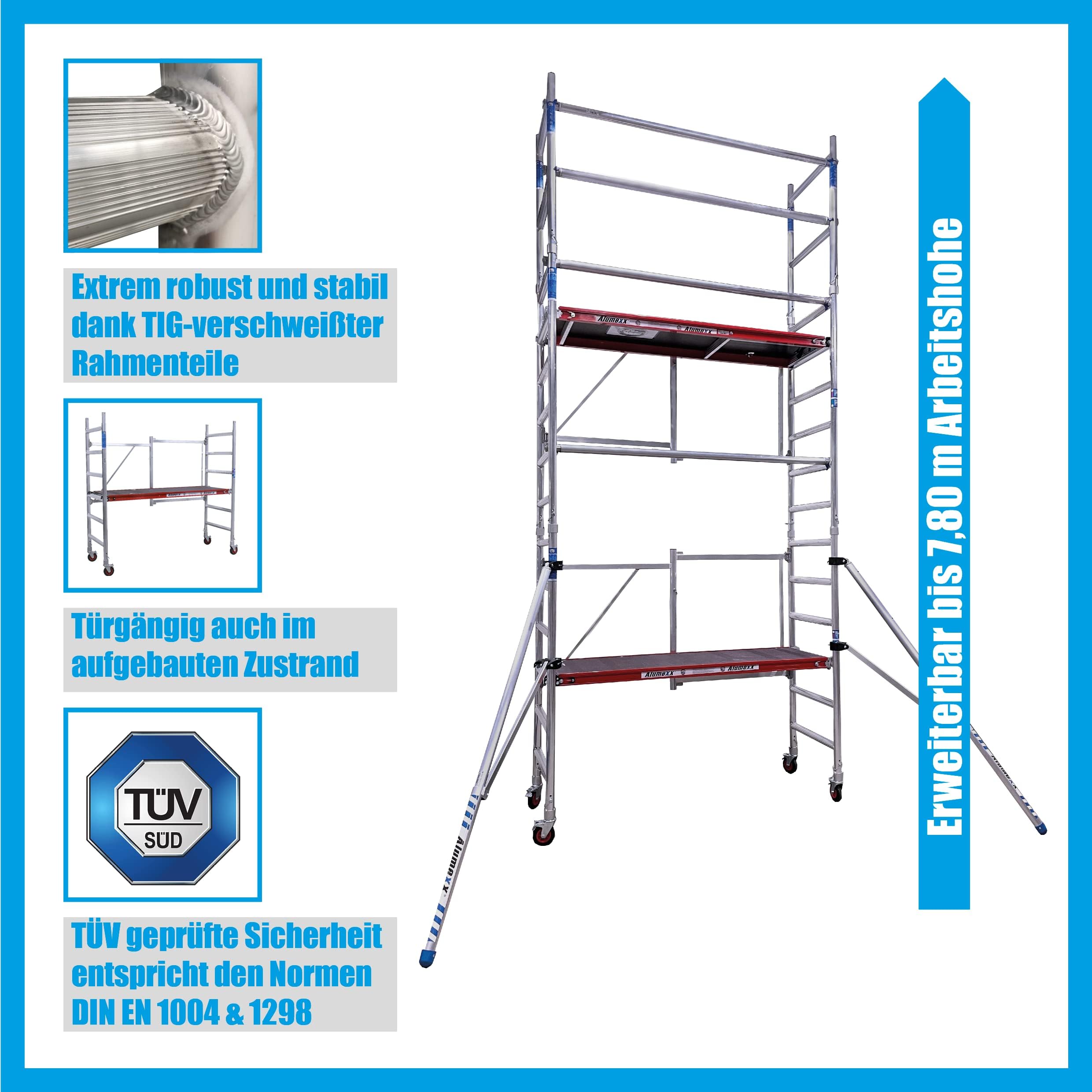 Alumexx FS 75 Klappgerüst (Red-Line) - Zimmergerust - Arbeitsgerüst - Baugerüst - Alu Gerüst - Roll Gerüst - Tragfähigkeit: 375 kg (Type A + B (4m Arbeitshöhe))