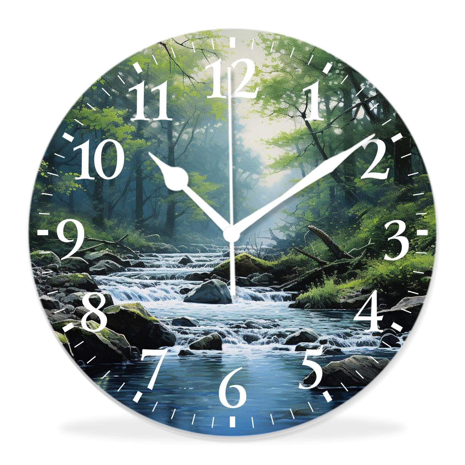 IMPCOKRU 12 inch Round Wall Clock,Nature Stream Flowing in Forest Rocks Tree Multicolor,Silent Non-Ticking Wall Clock Decor for Home Office Kitchen Living Room Bedroom