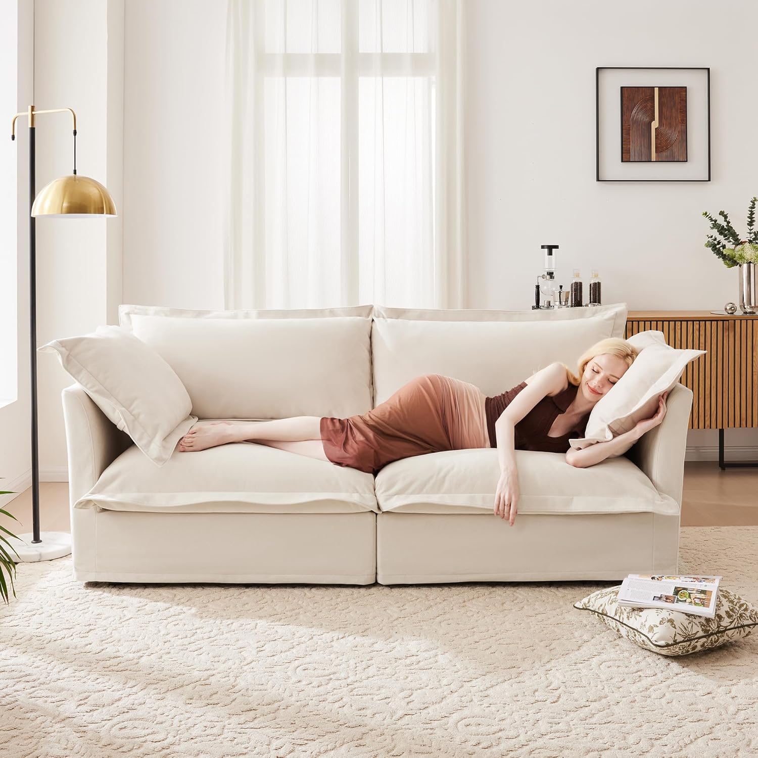Luxury Loveseat Sofa Couch, 83.4" Oversized 2 Seater Sofa with Upholstered Cushion & Detachable Cover, Love Seat Couches, Chenille Comfy Cloud Couch for Living Room (Cream, 2 Seat)