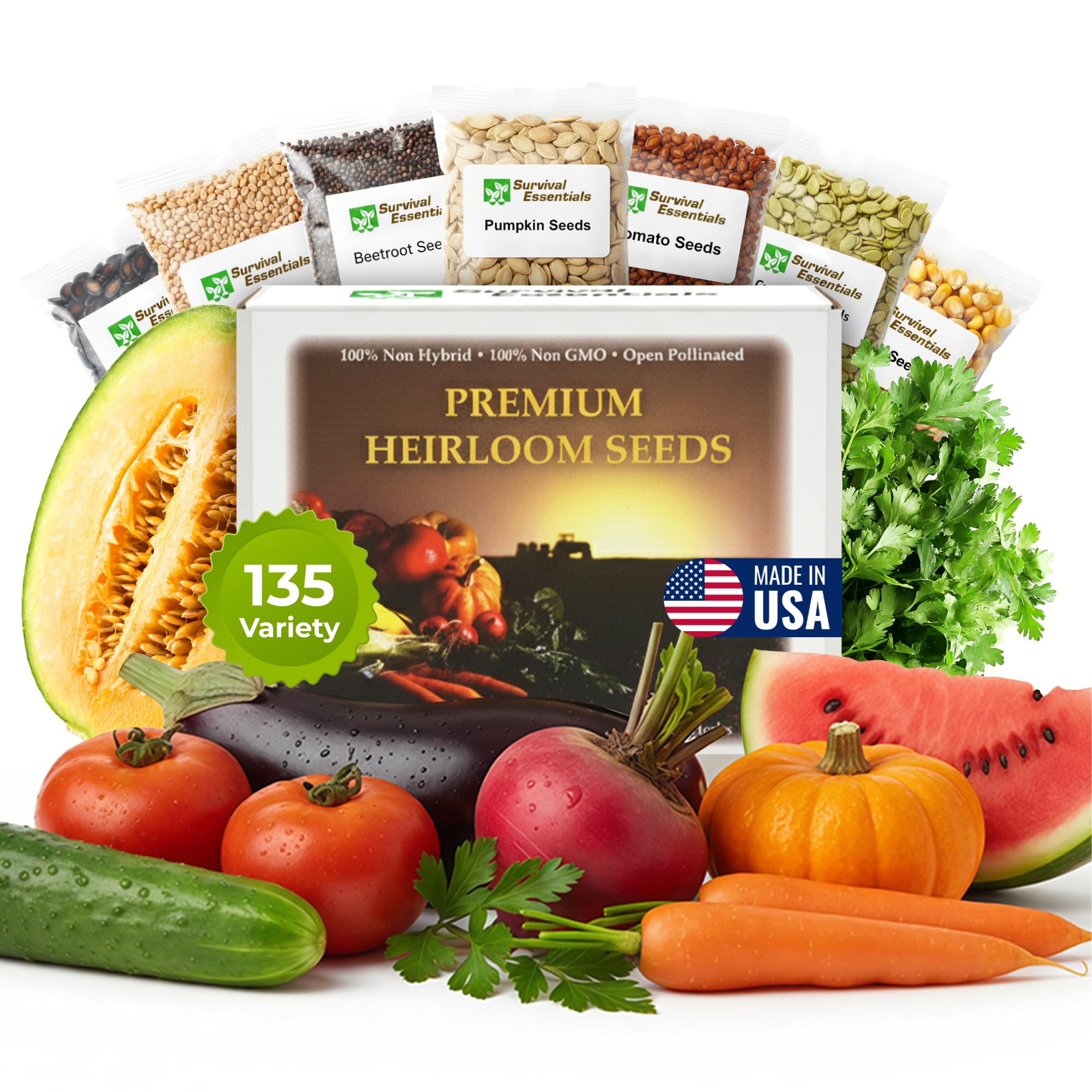 Heirloom Seeds for Planting Vegetables and Fruits - Survival Essentials 135 Variety Seed Vault - Medicinal Herb Seeds - Grow Healthy Non-GMO Food
