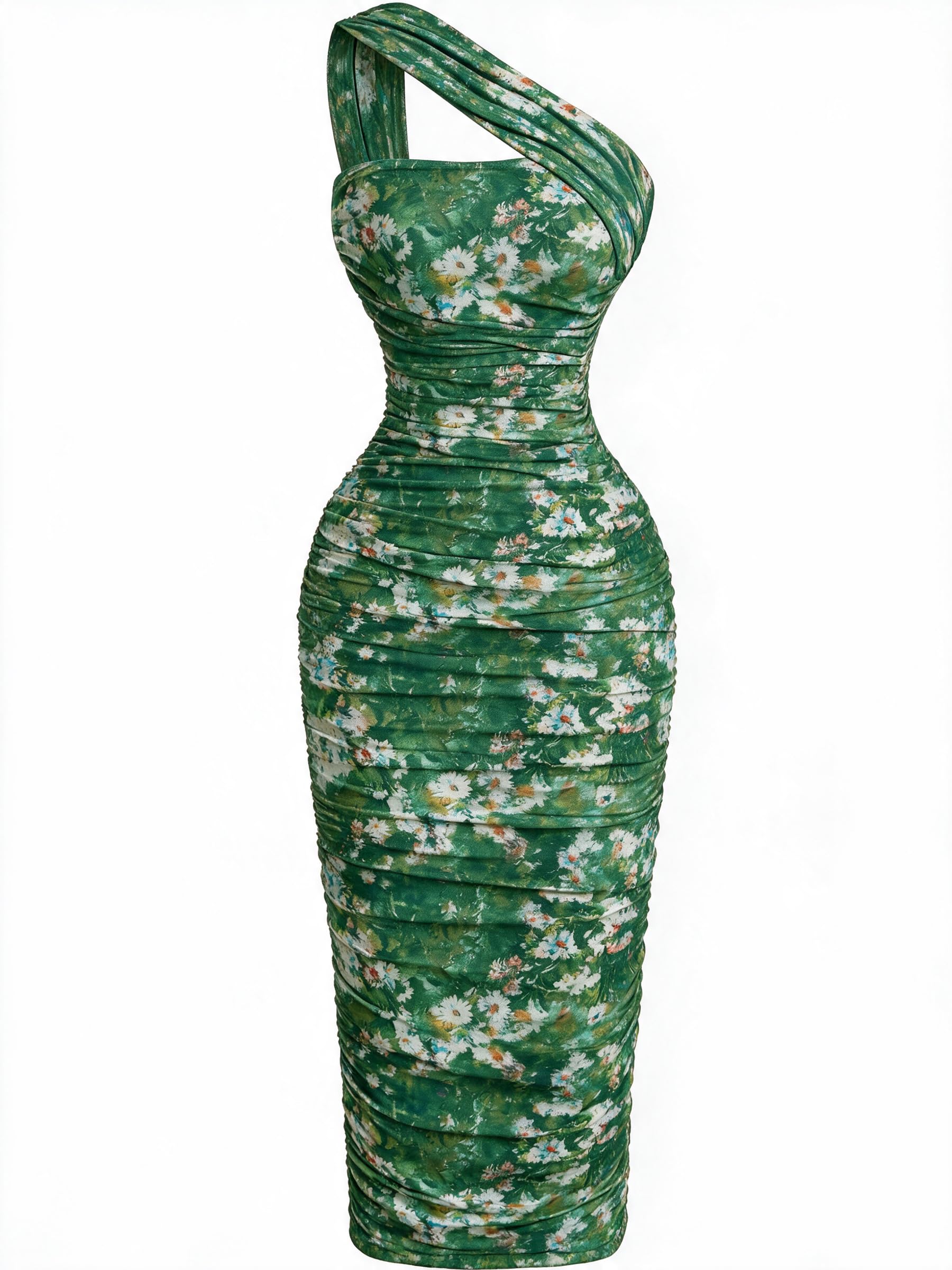 Photo 1 of Narecte One Shoulder Mesh Ruched Bodycon Midi Dress - Green L