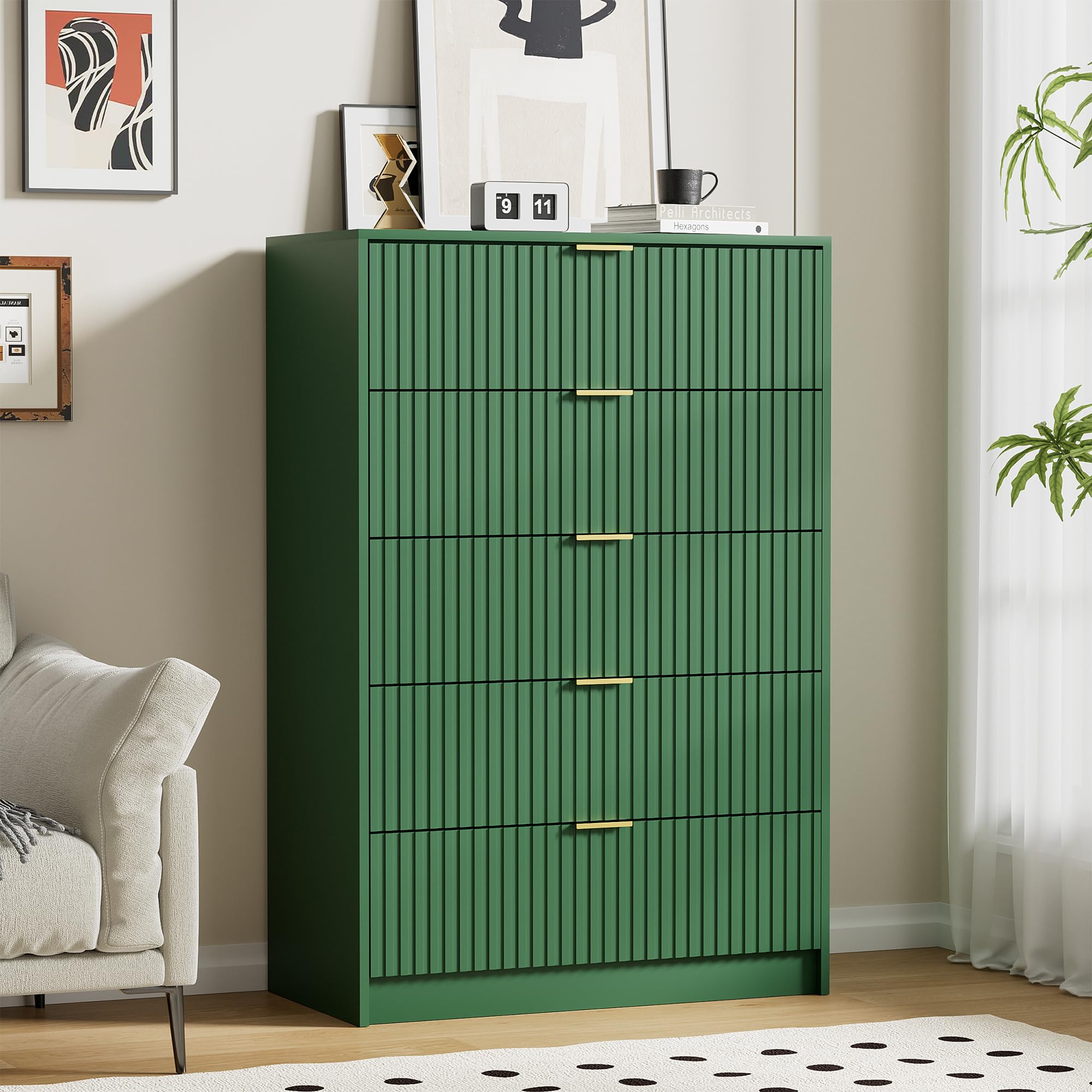 Furniway Green Dresser for Bedroom, Modern Dresser with 5 Drawers and Smooth Slides, Wide Chest of Drawers with Golden Handles for Bedroom, Living Room, Closet, 15.7" D x 31.5" W x 47.2" H