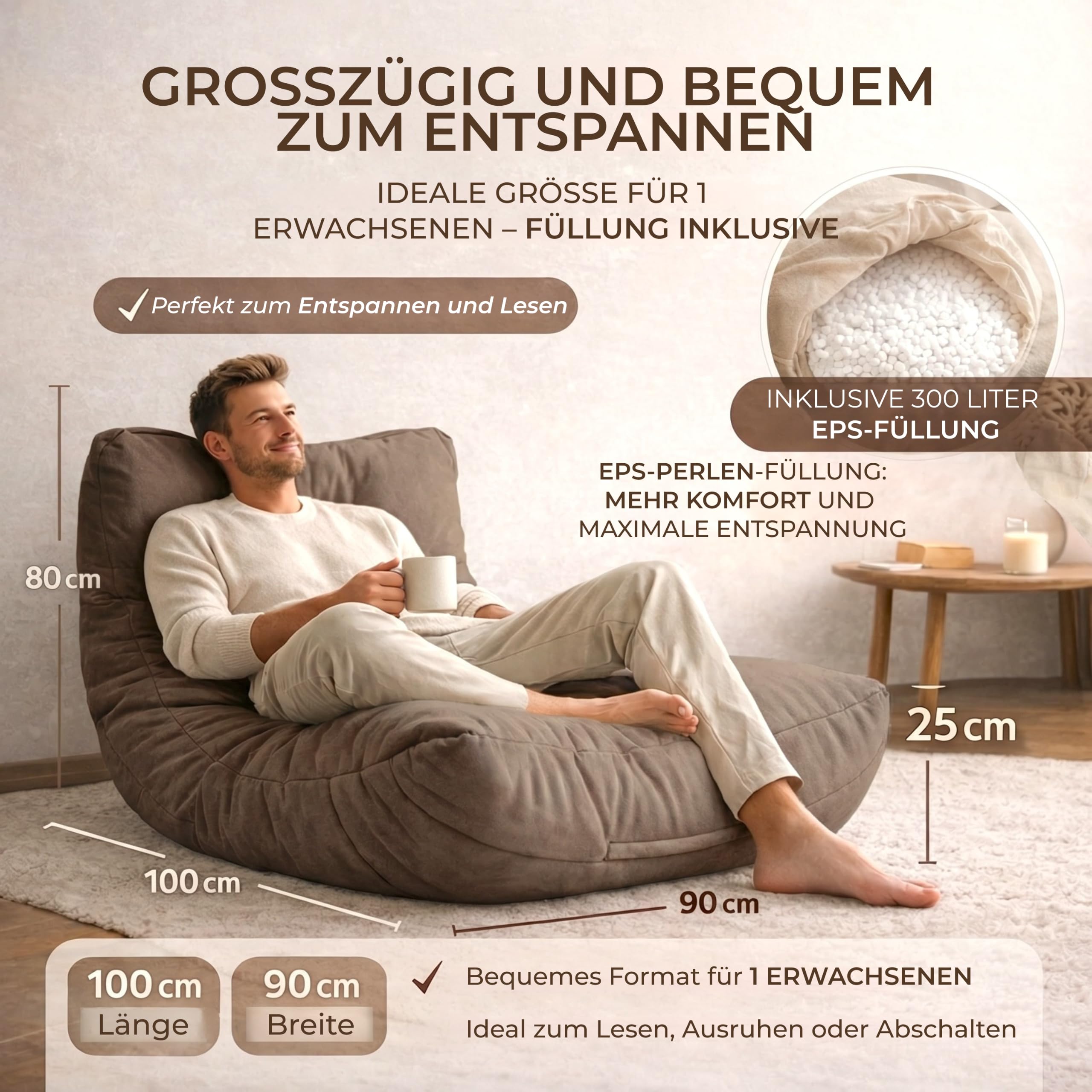 Aiire Relaxo Sitzsack XXL für Kuschelecke - Bean Bag Design mit Füllung - Riesen Sitzsäcke Erwachsene, Sitz Sack Flauschig - Bodenkissen Grob, Bodenstuhl, Bodensessel Braun
