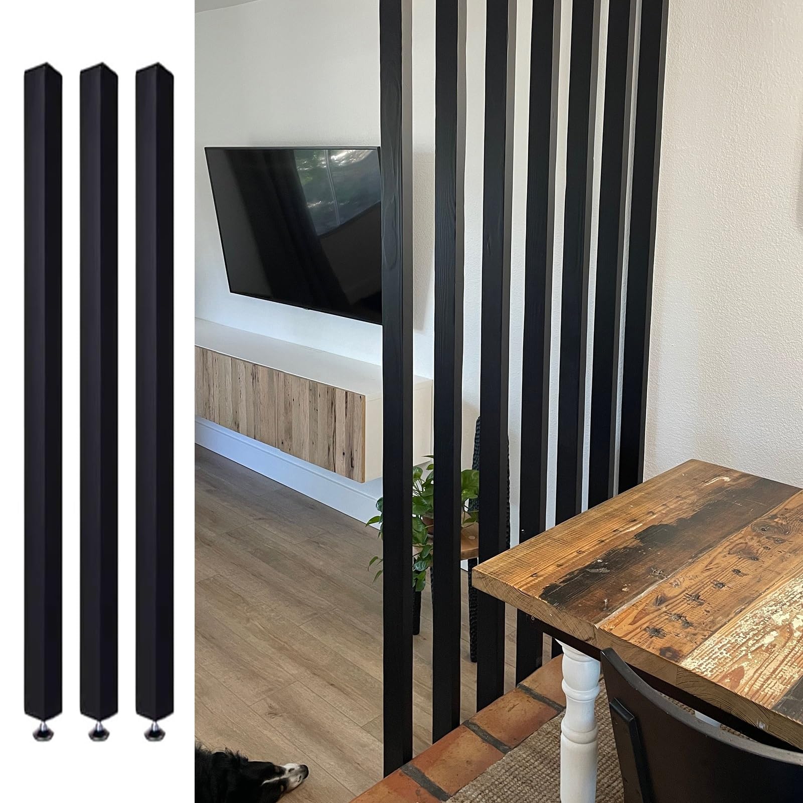 Black Wooden Slats Room Divider Floor to Ceiling Partition for Living Dining Study Sitting Room DIY Separator with No Drill Installation (Set of 3 Height 70cm/27.6in/2.3ft)