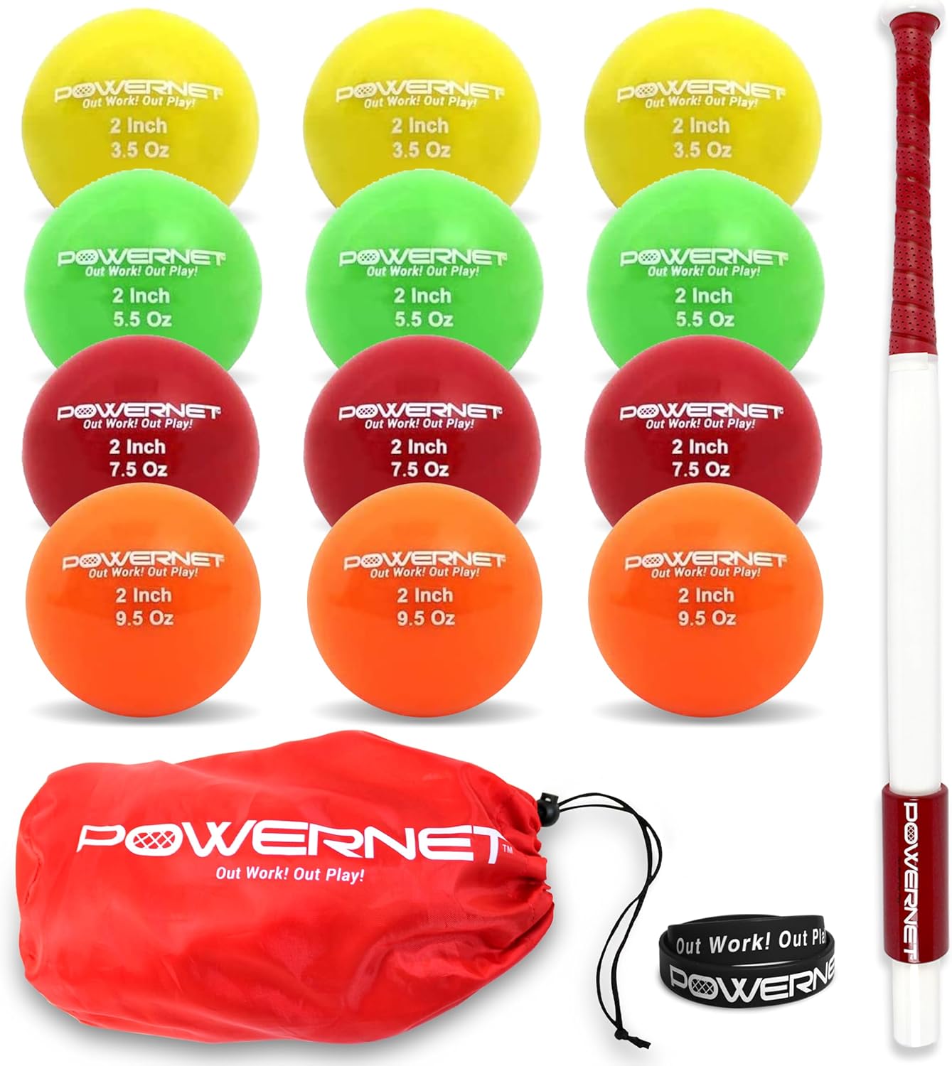 PowerNet Corbin Carroll Sweet Spot Training Bat + 2" Progressive Micro Ball 12 Pack Complete Bundle for Baseball Softball, 3.5-9.5oz, Hand-Eye Coordination, Undersized