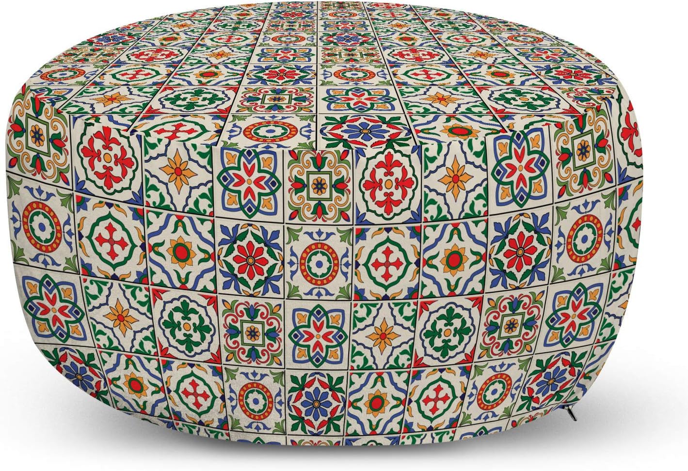 Ambesonne Moroccan Ottoman Pouf, Colorful Azulejo Pattern Portuguese Ornamental Abstract Floral Arrangements Leaves, Decorative Soft Foot Rest with Removable Cover Living Room and Bedroom, Beige Blue