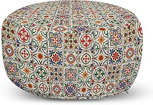 Ambesonne Moroccan Ottoman Pouf, Colorful Azulejo Pattern Portuguese Ornamental Abstract Floral Arrangements Leaves, Decorative Soft Foot Rest with Removable Cover Living Room and Bedroom, Beige Blue