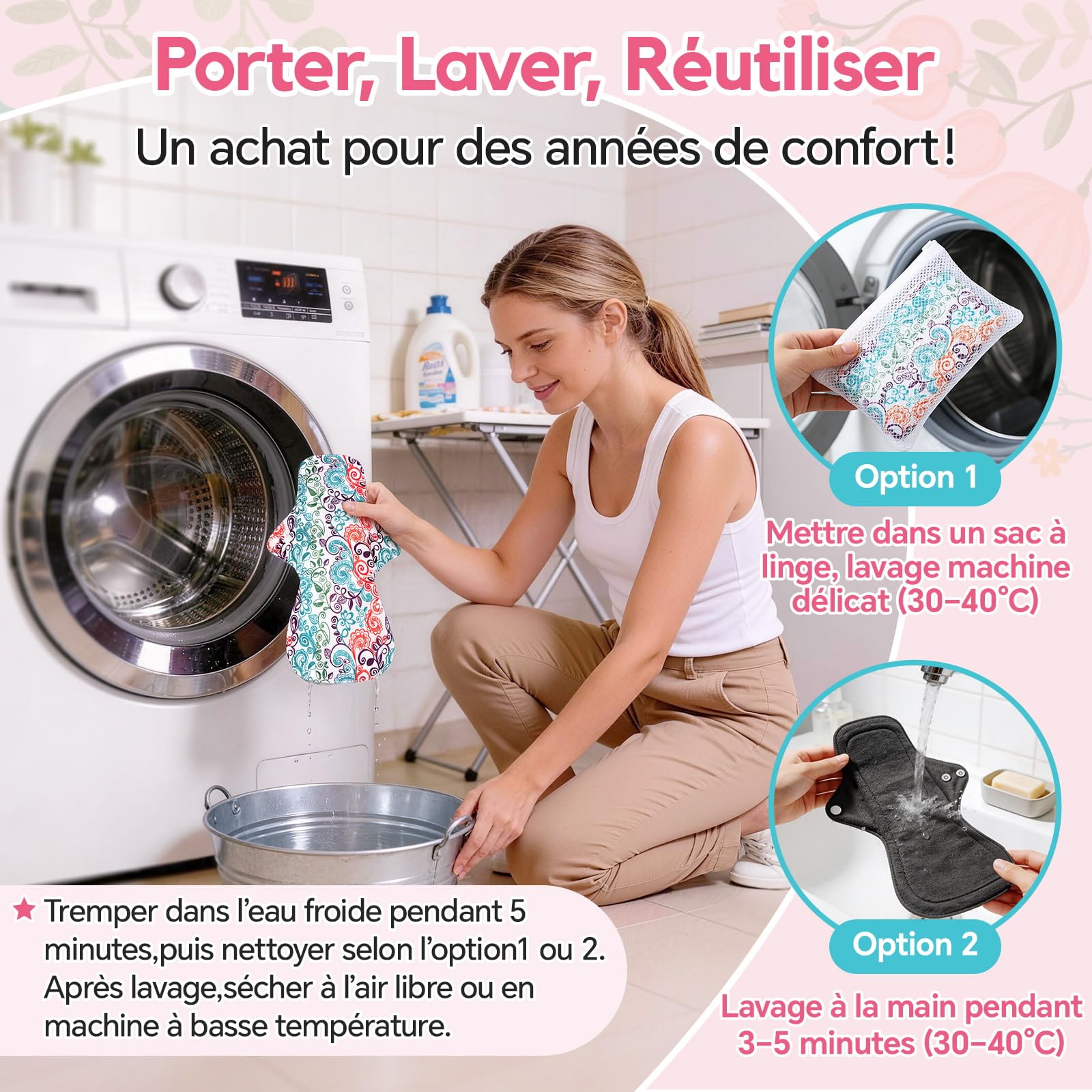 Lot de 4 serviettes hygiéniques lavables pour la nuit - Serviettes menstruelles réutilisables avec couche absorbante en charbon de bambou - Pour la nuit avec queue ondulée