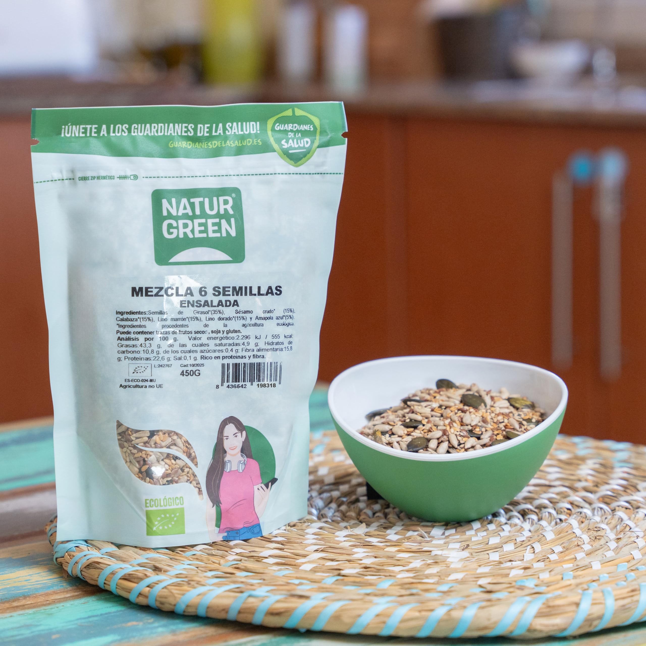 NaturGreen Mezcla 6 Semillas para Ensalada Bio 10 x 450 g, Lino, Girasol, Calabaza, Cáñamo, Sésamo, Chía, Omega 3, Fibra, Proteína, Sin Gluten, Vegano