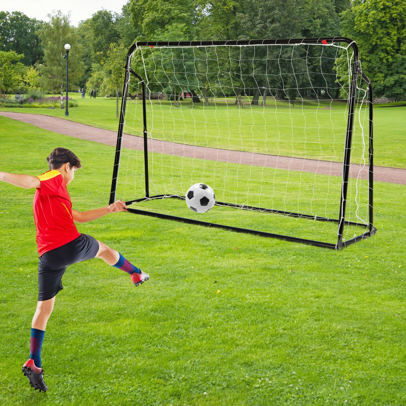COSTWAY Porta da Calcio da Giardino, 2 in 1 Rete Rimbalzo Calcio Regolabile in 5 Angolazioni con Struttura in Metallo Zincato, Rete in PE, 4 Viti e 4 Picchetti, per Bambini e Ragazzi