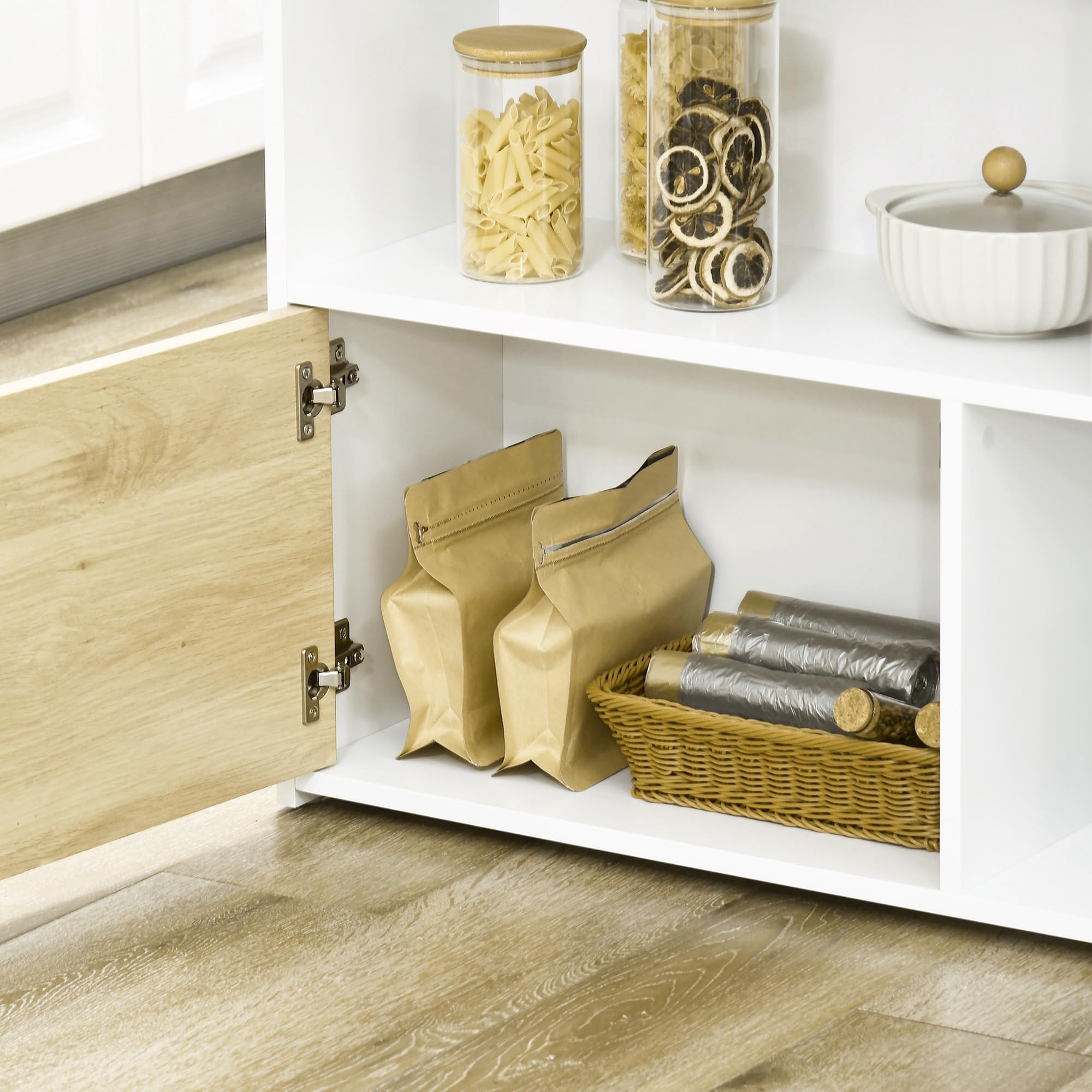 HOMCOM Tavolo da Bar Moderno ed Estensibile in MDF per 2 Persone con 4 Ripiani Aperti e Armadietto, 116x79.5x91 cm, Bianco e Color Legno