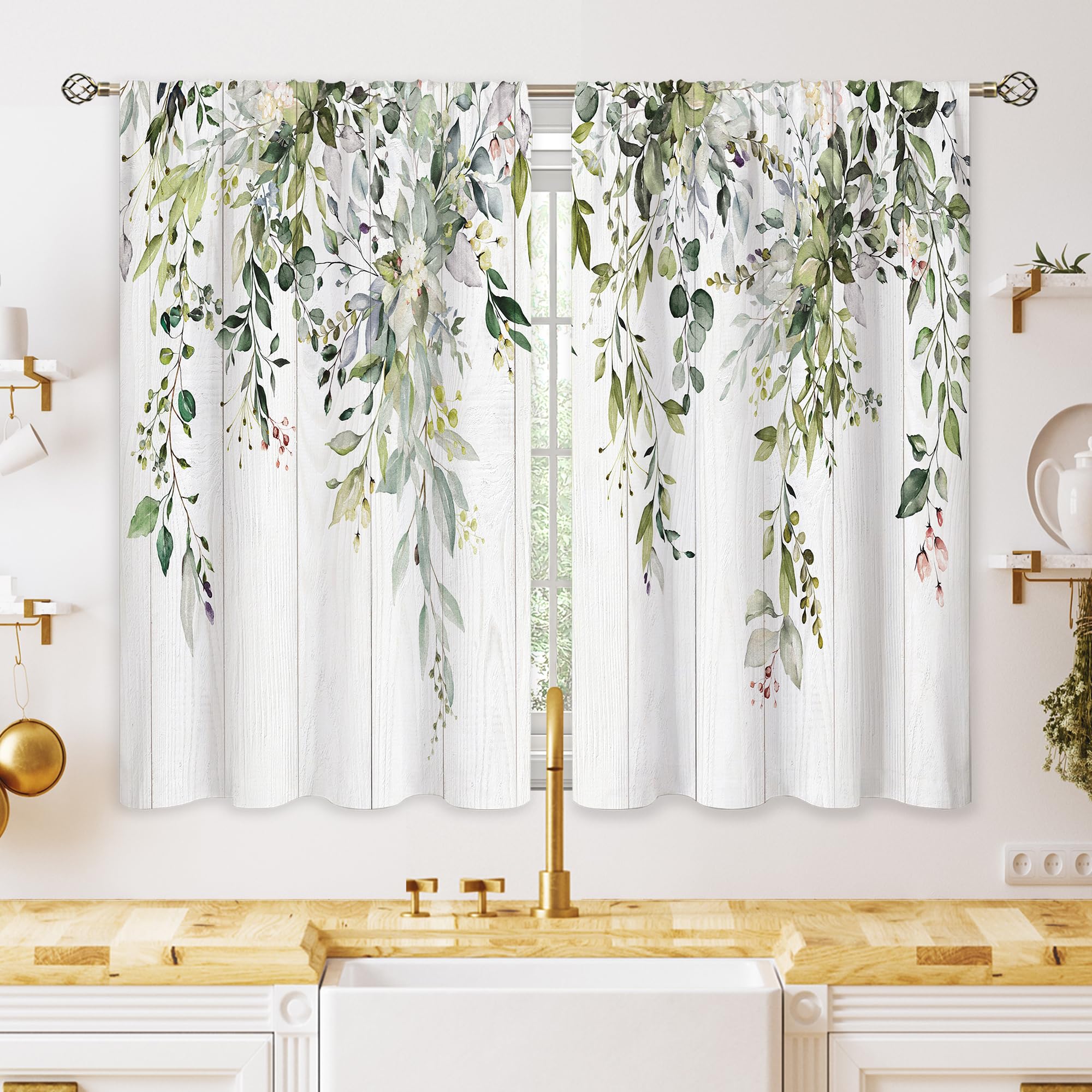 oolygoo Farmhouse Eucalyptus Botanical Small Kitchen Curtains Rustic Leaves Window Treatment Wooden Floral Sage Mint Green Cafe Short Curtains for