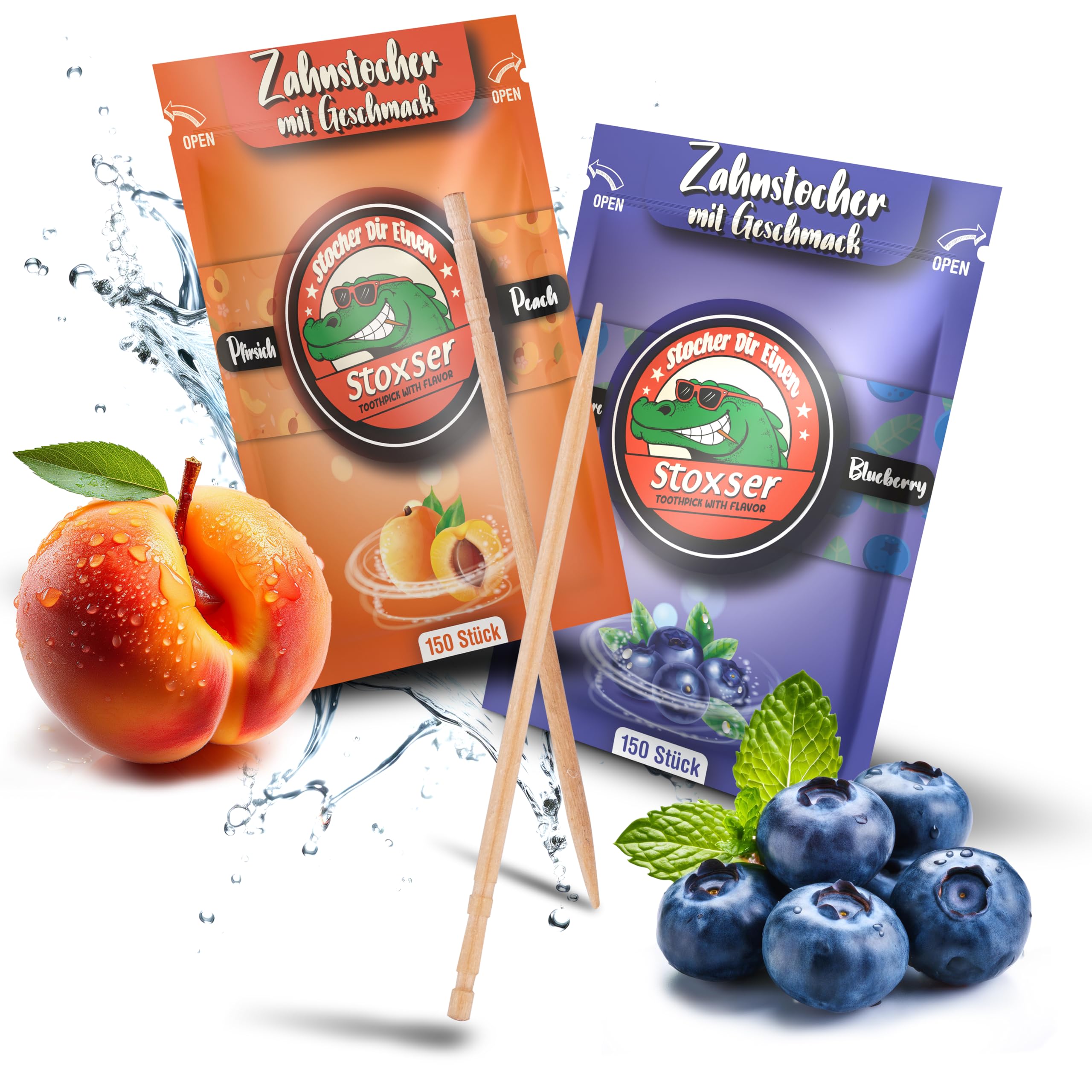 Stoxser 450 x tandenstokers met smaak, verpakking van 3 stuks, bosbessen, perzik en mint/menthol, smaakrevolutie, tandenstokers, smaak, geen kauwgom, ondersteunt tandpasta, tandzijde, suikervrij