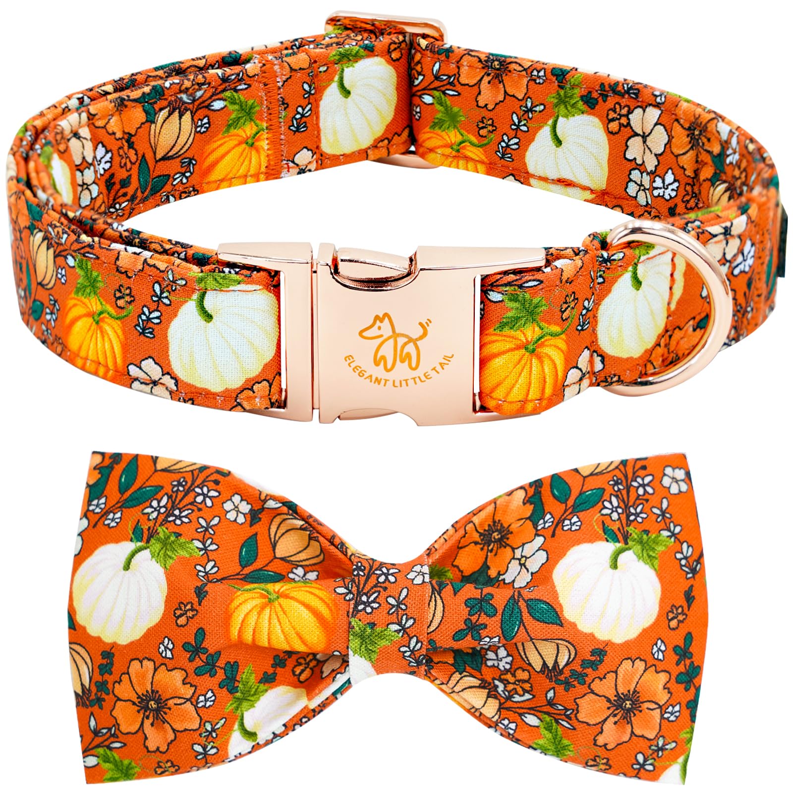Elegant little tail Halloween Dog Collar, Pumpkin with Flower Print Halloween Pet Collars Puppy Collar with Bow Cute Adjustable Collars for Small