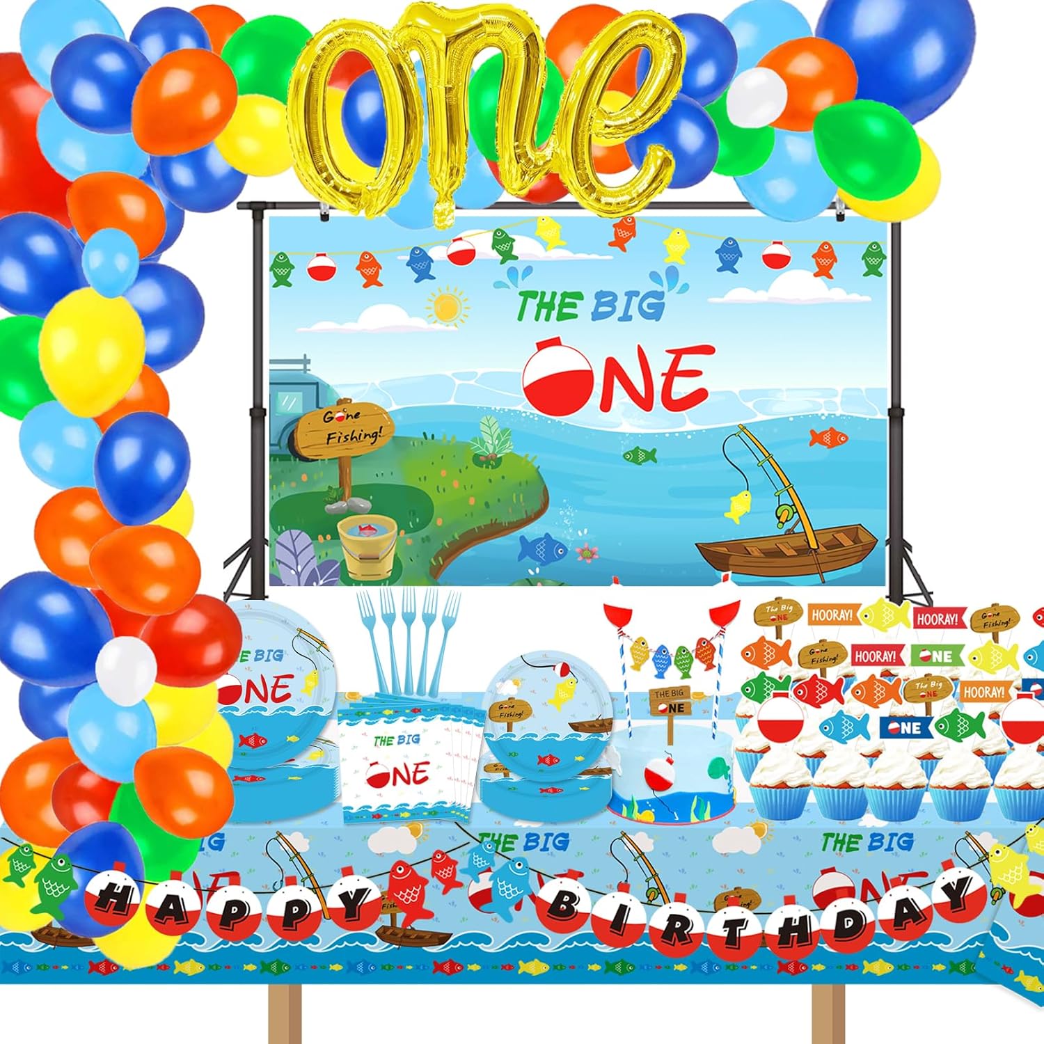 217 Pcs Ofishally One Birthday Decorations Gone Fishing Dinnierware The Big One Balloon Garland Banner Cake Cupcake Topper Table Cloth for Fishing Theme 1st Birthday Baby Shower Party Supplies