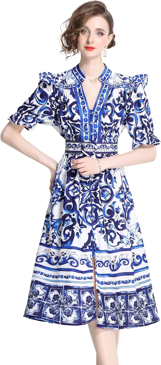 LAI MENG FIVE CATS Women's Button Up V-Neck Short Puff Sleeve Floral Print Split Casual Midi Dress