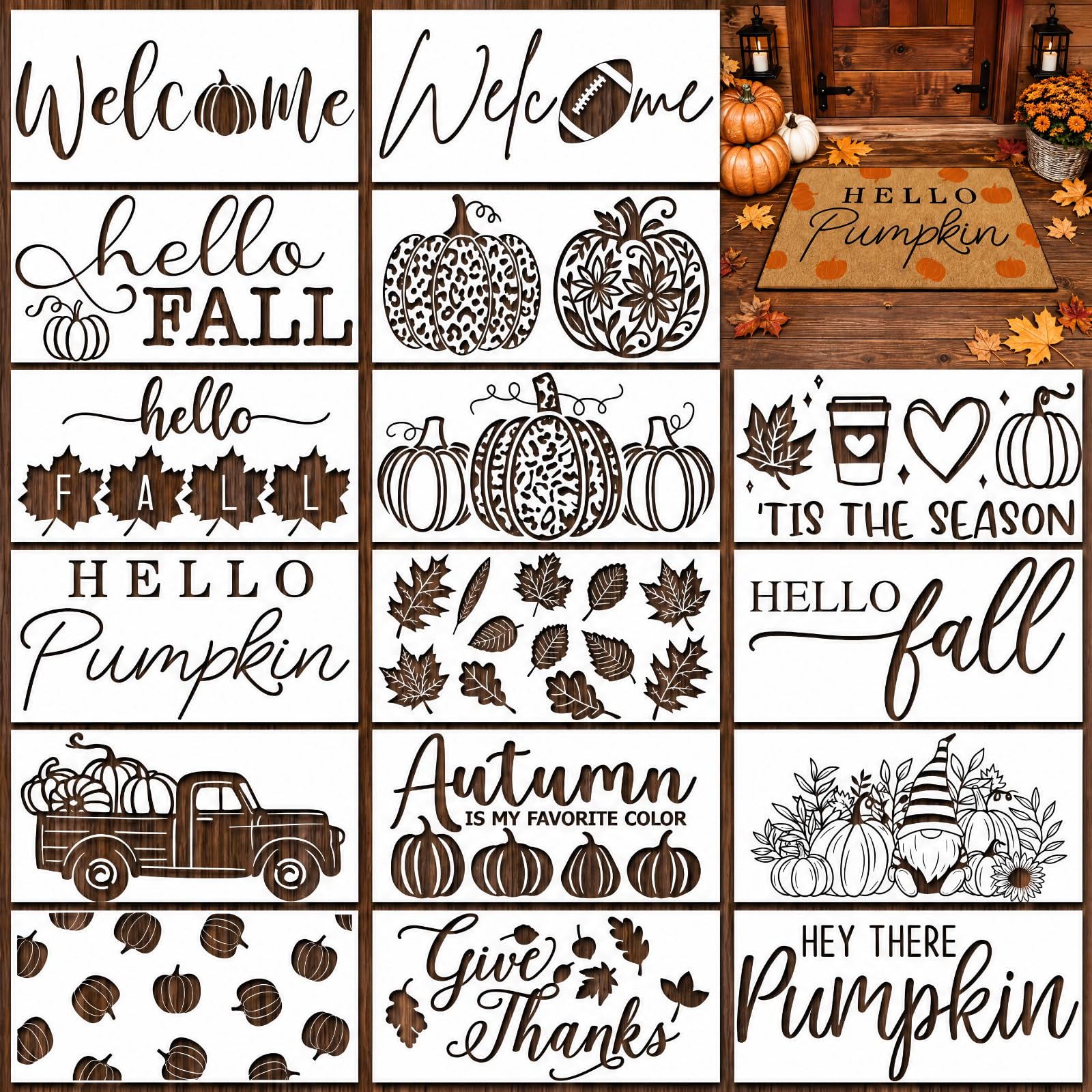 Dunzy 16 Pcs Fall Harvest Door Mat Stencils for Painting and DIY Crafts