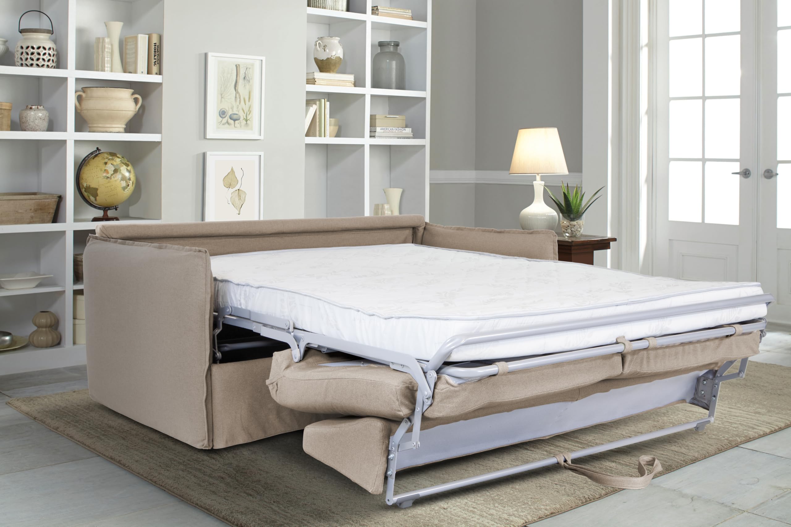 Divano Letto MILOS 3 Posti,Struttura in Metallo e Legno,Interamente Sfoderabile, Rivestimento in Tessuto,Rete ad Apertura Rapida,Materasso 160x190 cm H14 cm, Colore: Camel