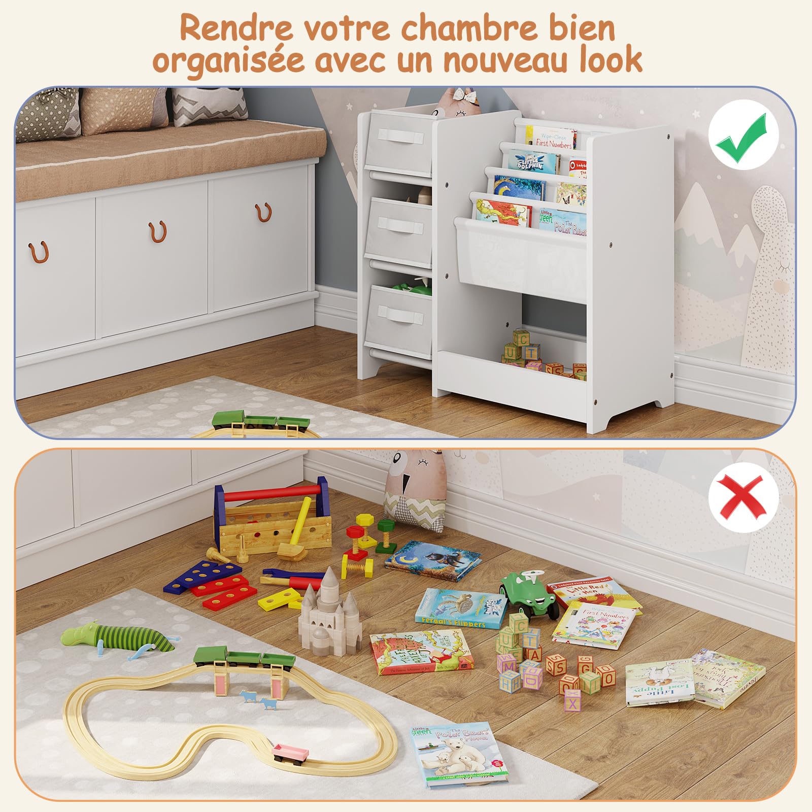 Lestarain Étagère de Rangement pour Jouets et Livres, Bibliothèque pour Enfants avec 3 Boîtes Amovibles en Tissu Non-Tissé, Meuble Montessiri en Bois MDF, 4 Casiers Suspendus, 1 Compartiment, Blanc