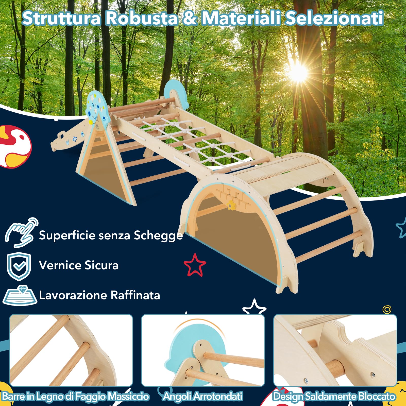 RELAX4LIFE Set da Arrampicata per Bambini, Triangolo di Arrampicata con Scivolo e Arco, Gioco di Incastri in Legno, Gioco Montessori per Bambini 1+ Anni
