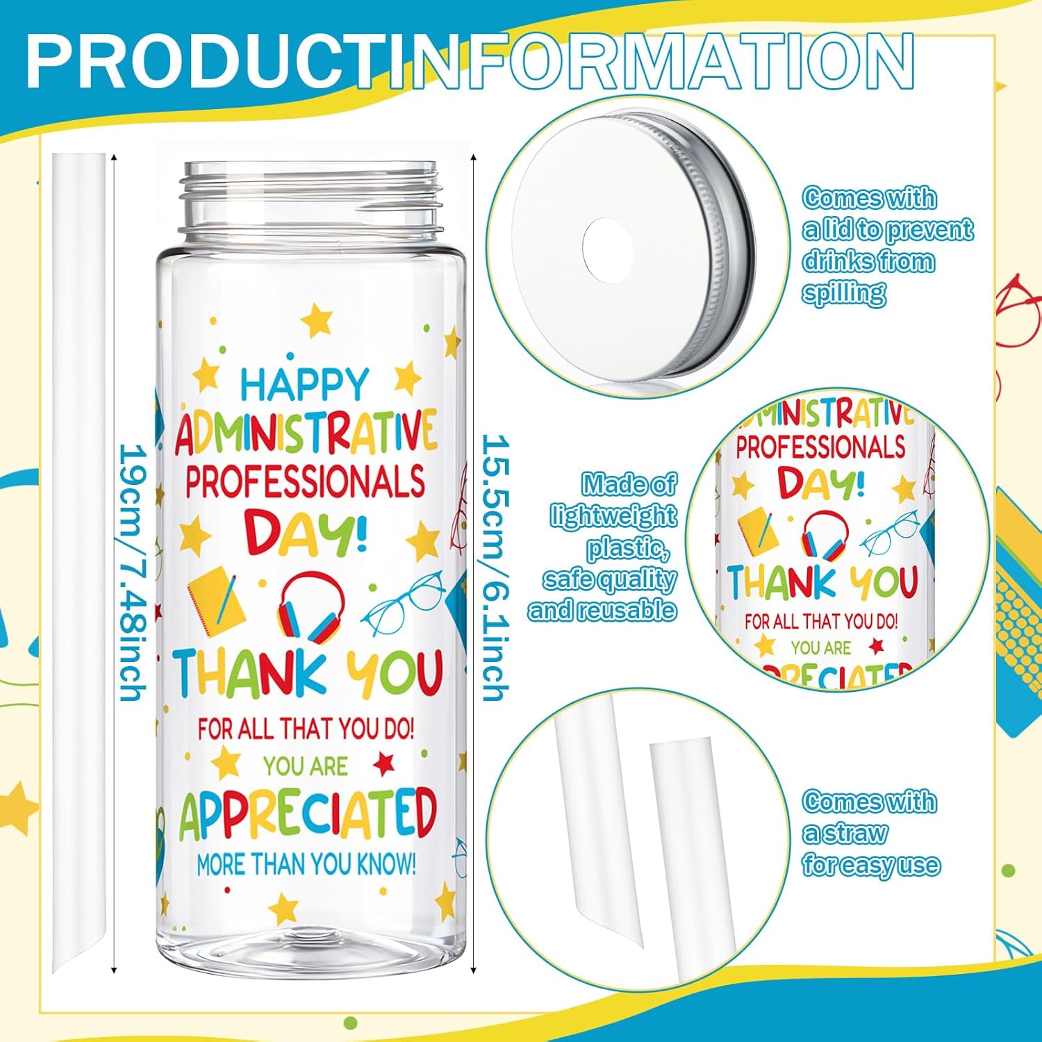 Vesici 24 Pcs Administrative Professionals Day Gift 14.2oz Admin Assistant Appreciation Gifts Cups with Lid and Straw Secretary Thank You Party Favors Tumbler for Women Office Secretary Employee