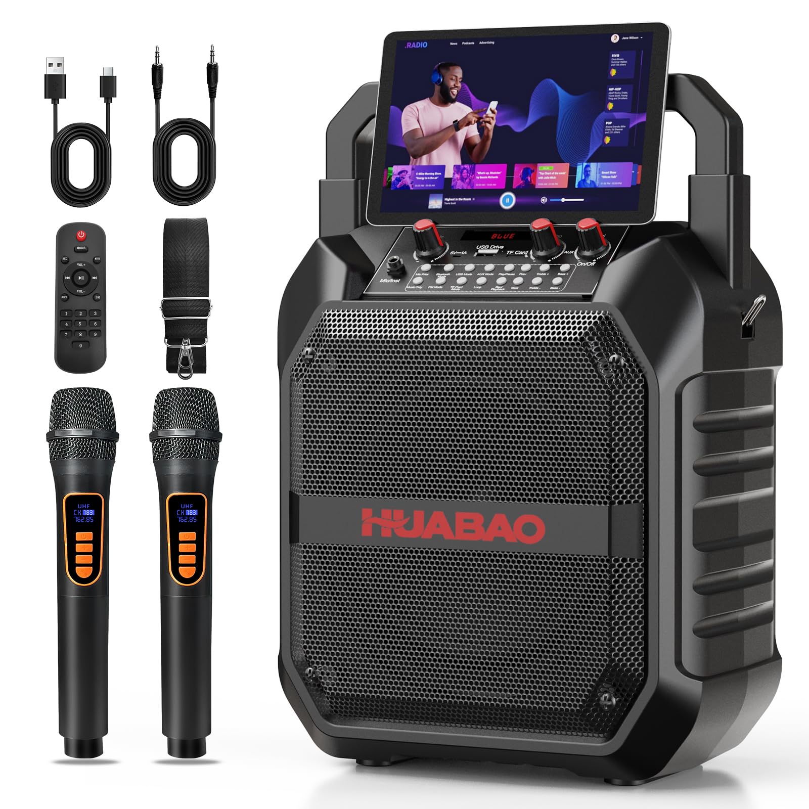 Karaoke-Maschine, tragbarer Bluetooth-Lautsprecher mit drahtlosem Mikrofon für Erwachsene & Kinder, PA-System mit Fernbedienung unterstützt TF-Karte/USB/FM/AUX für Home Party (2 Mics)